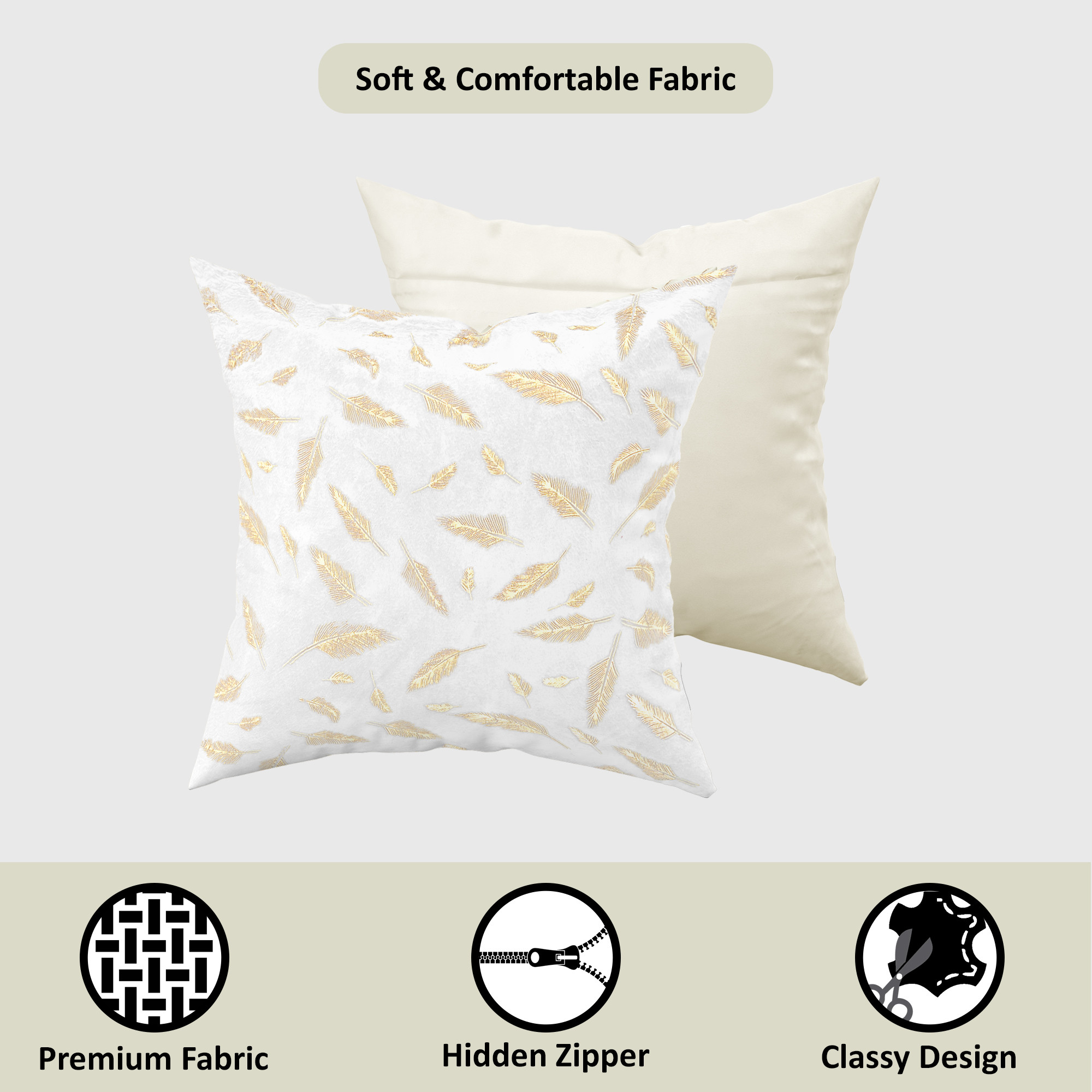 Kuber Industries Set of 5 Decorative Velvet Sofa Cushion Covers 16 inch x 16 inch with Zip  Aesthetic Sofa Pillow Cover for Home  Office  Golden Foil Leaf - White