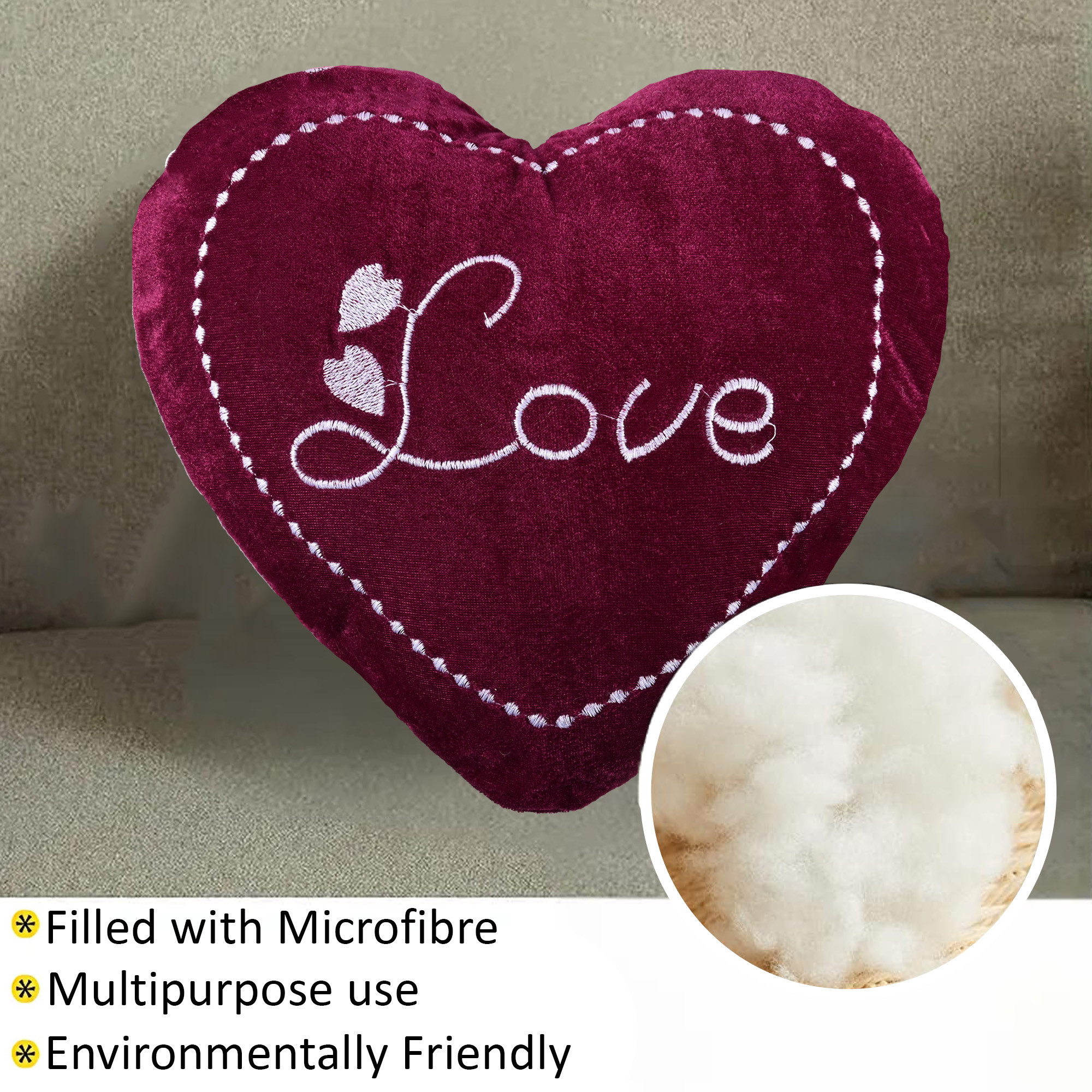 Kuber Industries Set of 5 Heart Shape 12 Inches Decorative Plushie Cushions for Sofa  Bed  Head Rest  Soft Cushion Pillow for Car  Room Decoration  Love Print - Wine