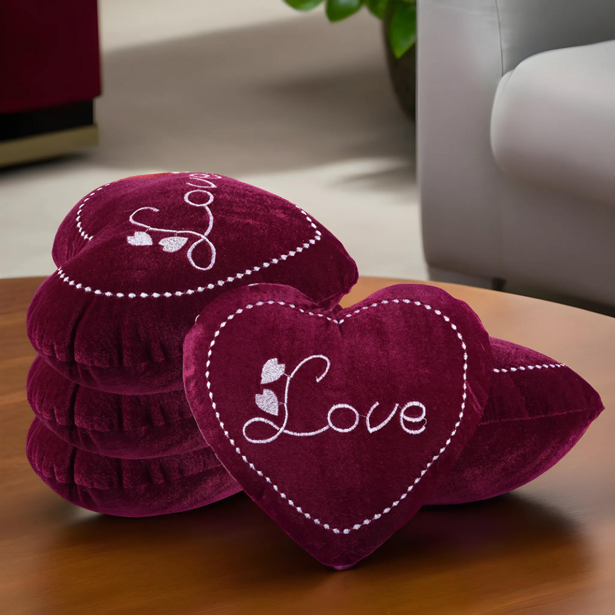 Kuber Industries Set of 5 Heart Shape 12 Inches Decorative Plushie Cushions for Sofa  Bed  Head Rest  Soft Cushion Pillow for Car  Room Decoration  Love Print - Wine