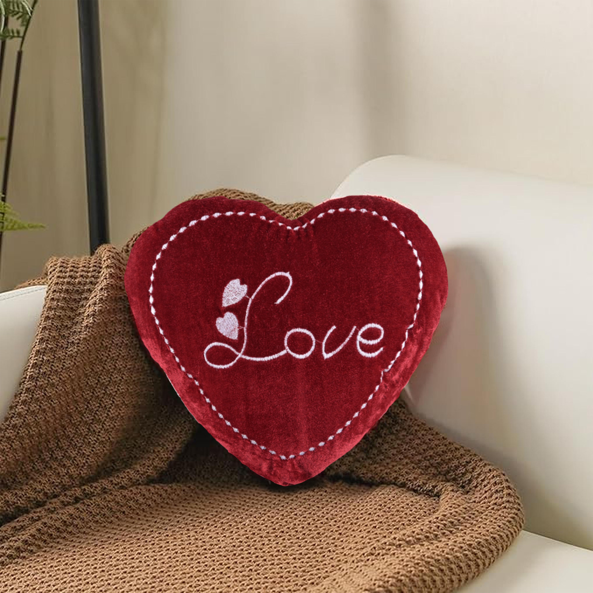 Kuber Industries Set of 5 Heart Shape 12 Inches Decorative Plushie Cushions for Sofa  Bed  Head Rest  Soft Cushion Pillow for Car  Room Decoration  Love Print - Cherry Red