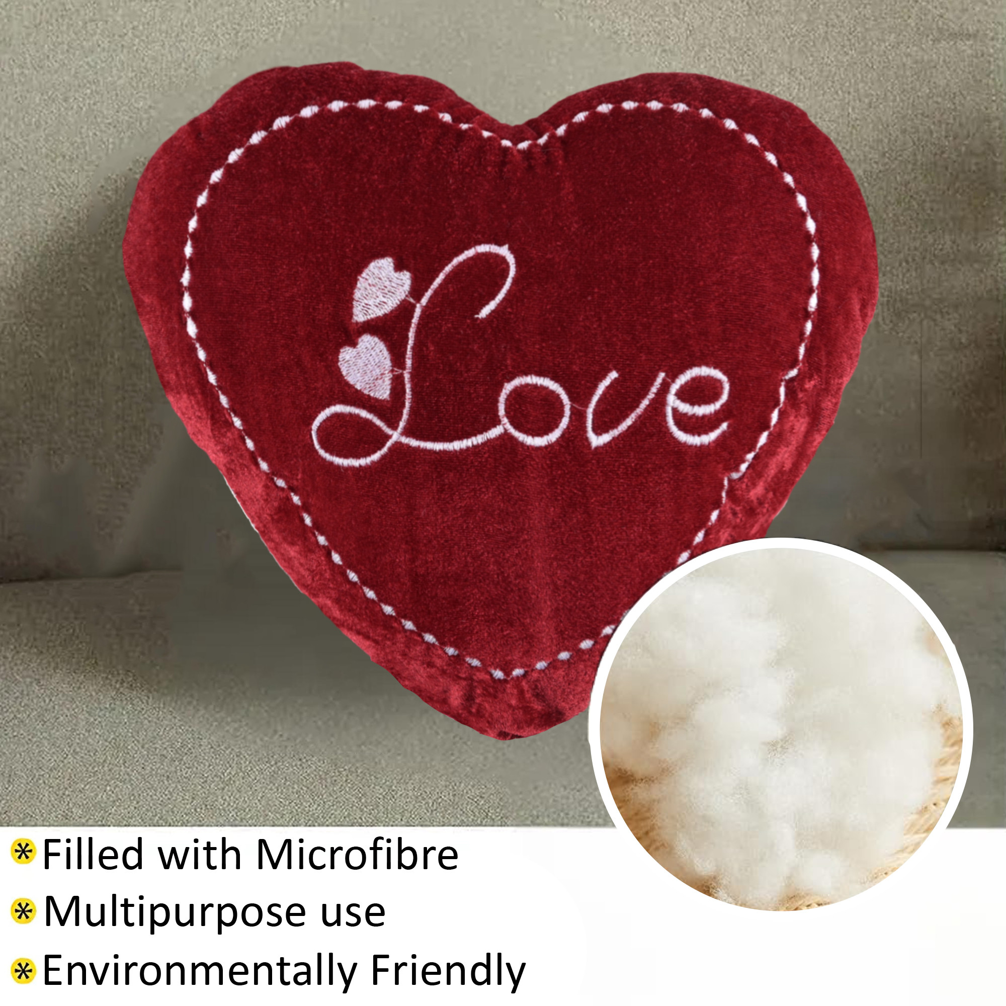 Kuber Industries Set of 5 Heart Shape 12 Inches Decorative Plushie Cushions for Sofa  Bed  Head Rest  Soft Cushion Pillow for Car  Room Decoration  Love Print - Cherry Red