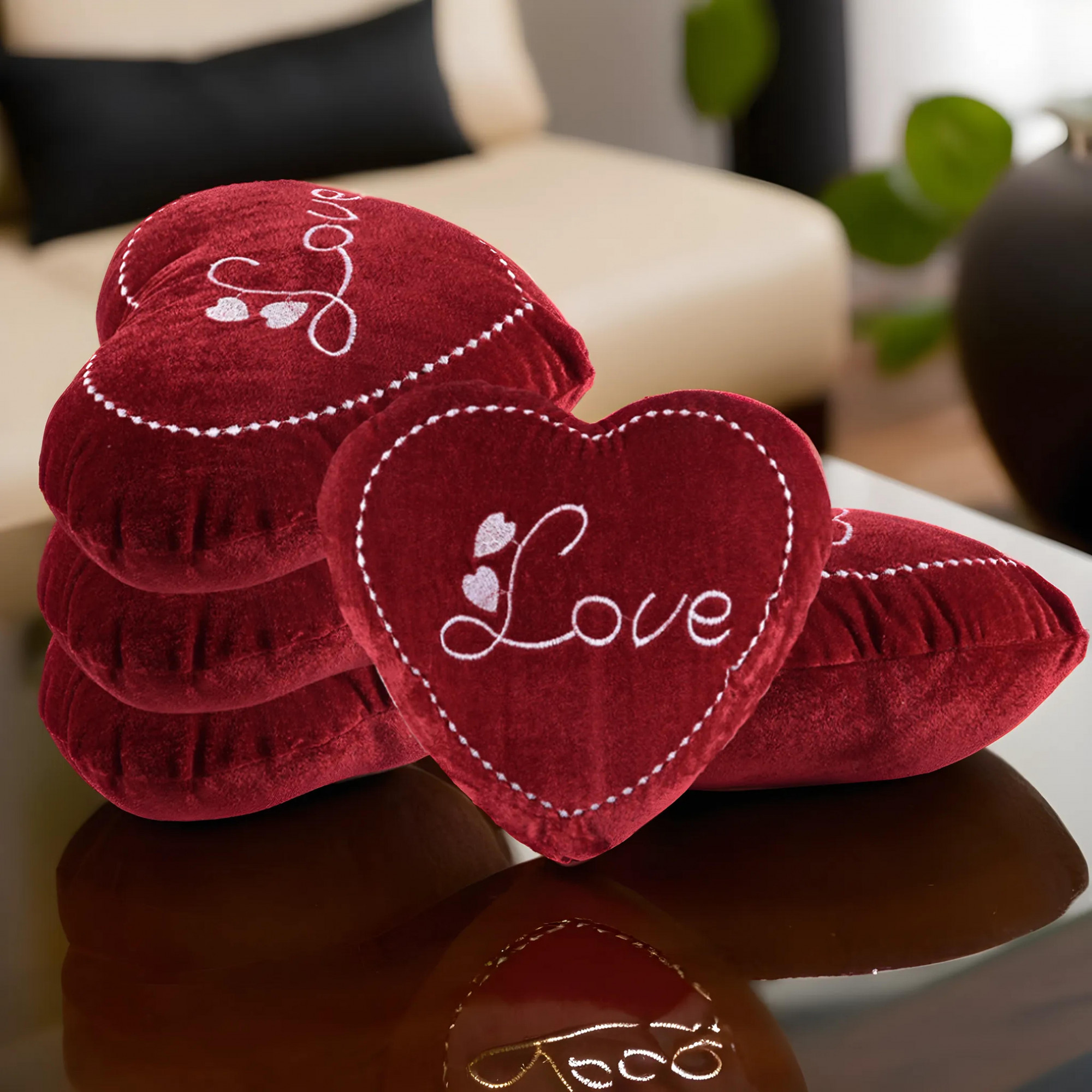 Kuber Industries Set of 5 Heart Shape 12 Inches Decorative Plushie Cushions for Sofa  Bed  Head Rest  Soft Cushion Pillow for Car  Room Decoration  Love Print - Cherry Red