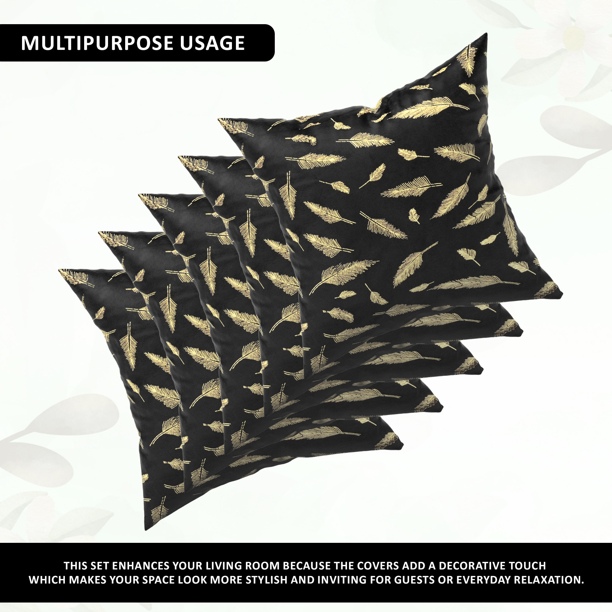 Kuber Industries Set of 5 Velvet Finish Fancy Sofa Pillow Cover for Living Room  Decorative Cushion Covers 16 inch x 16 Inch for Bedroom  Home Decor  Leaf Golden - Black