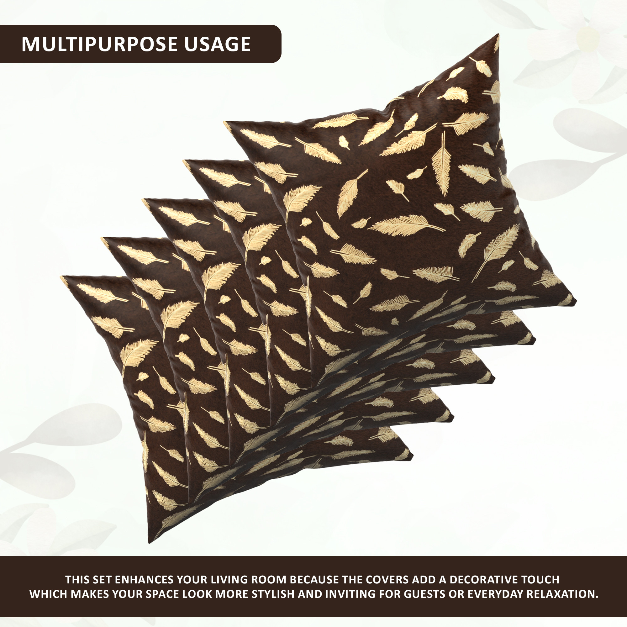 Kuber Industries Set of 5 Velvet Finish Fancy Sofa Pillow Cover for Living Room  Decorative Cushion Covers 16 inch x 16 Inch for Bedroom  Home Decor  Leaf Golden - Brown