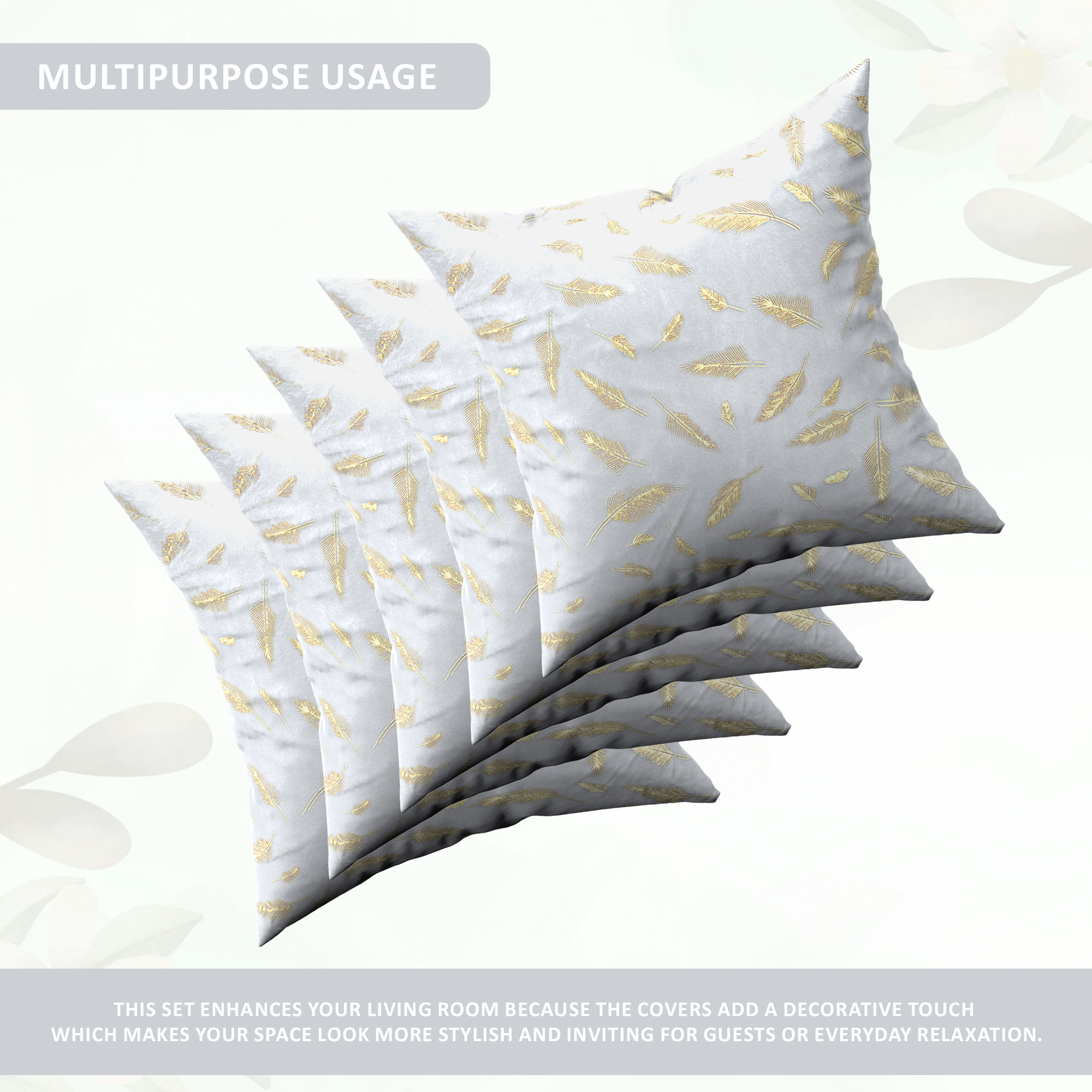 Kuber Industries Set of 5 Velvet Finish Fancy Sofa Pillow Cover for Living Room  Decorative Cushion Covers 16 inch x 16 Inch for Bedroom  Home Decor  Leaf Golden - Grey