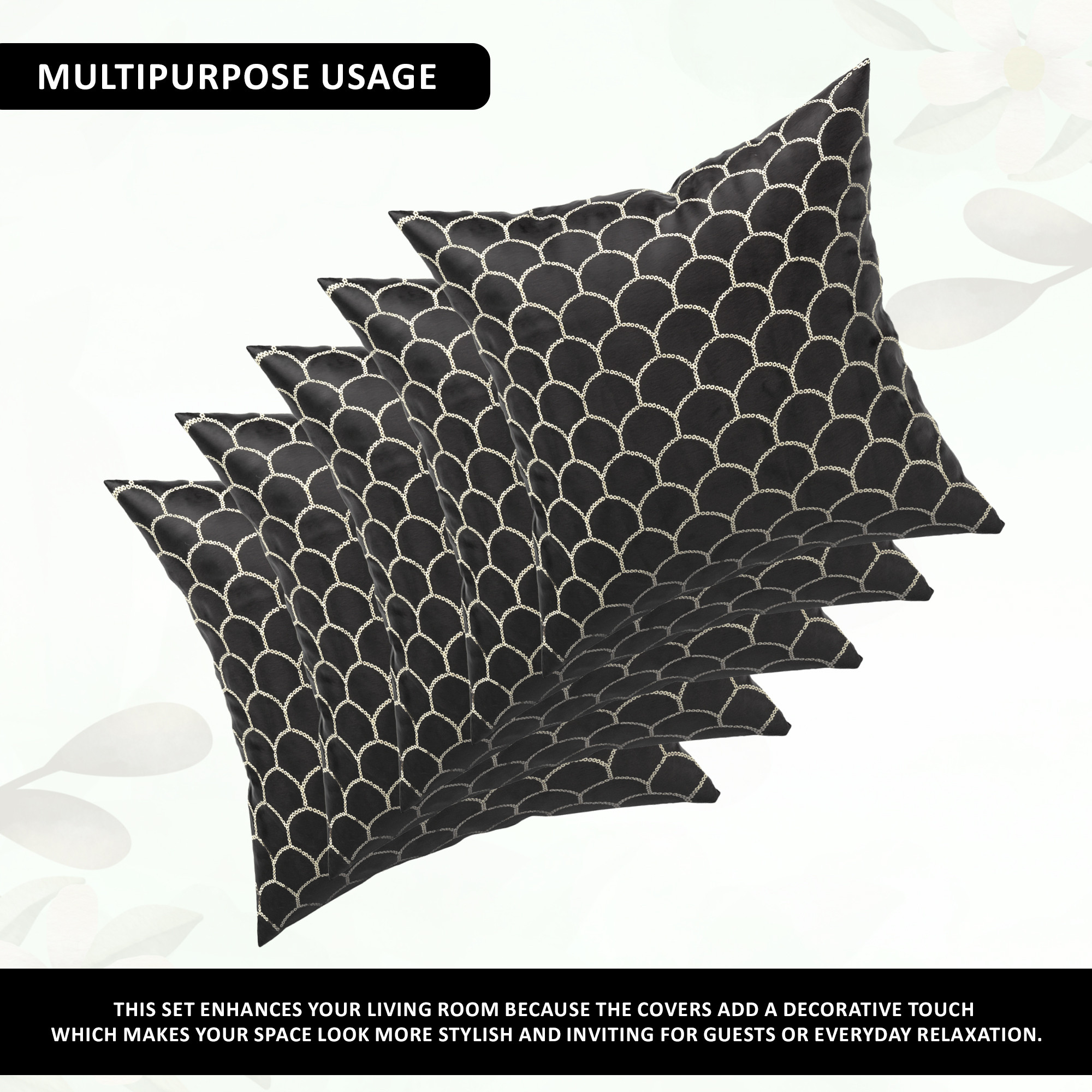 Kuber Industries Set of 5 Velvet Finish Fancy Sofa Pillow Cover for Living Room  Decorative Cushion Covers 16 inch x 16 Inch for Bedroom  Home Decor  Sequins Bubbel - Black