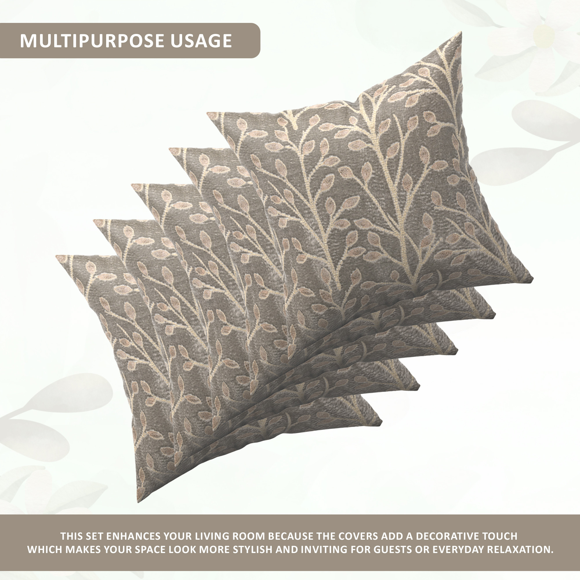 Kuber Industries Set of 5 Velvet Finish Fancy Sofa Pillow Cover for Living Room  Decorative Cushion Covers 16 inch x 16 Inch for Bedroom  Home Decor  Glitter Leaf - Grey