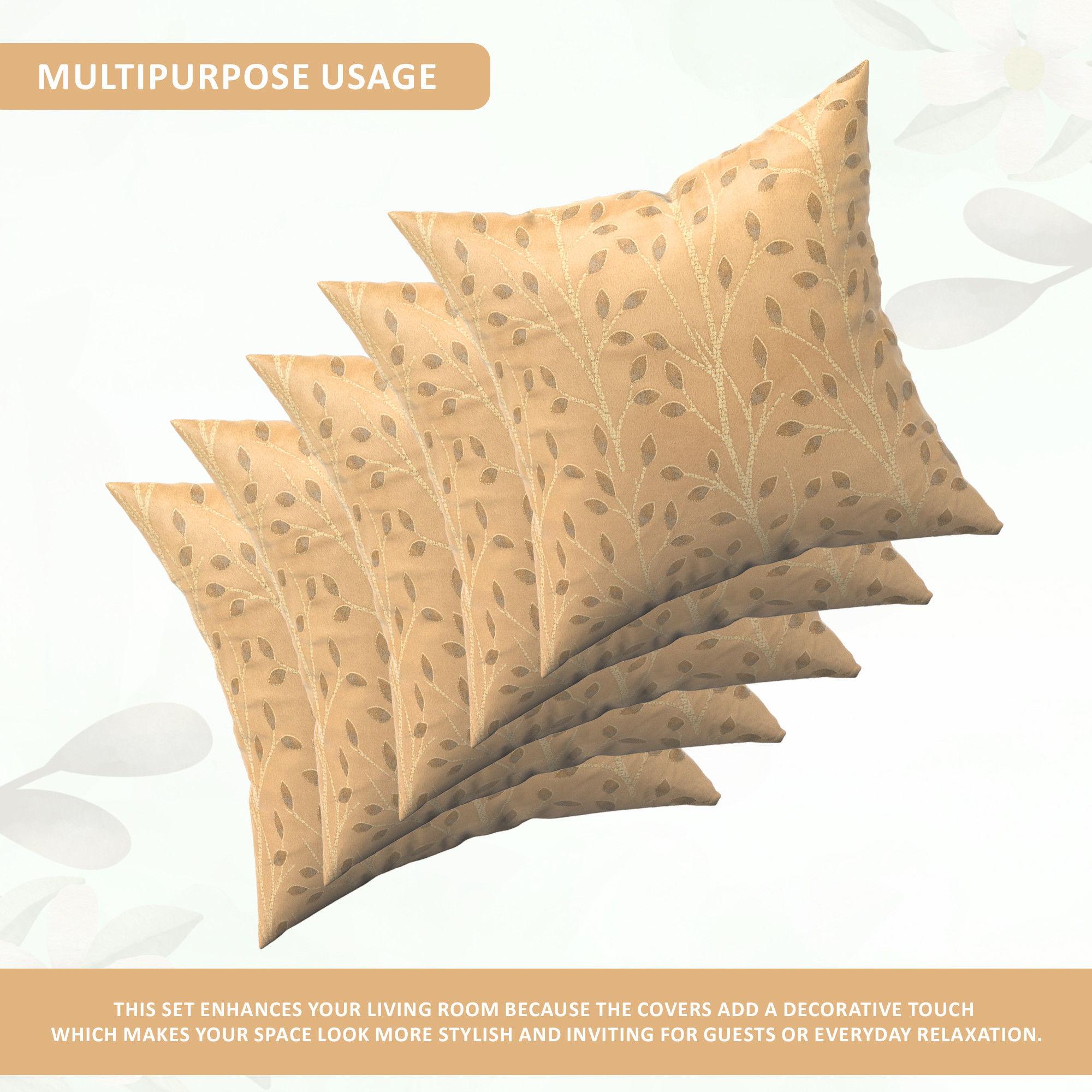 Kuber Industries Set of 5 Velvet Finish Fancy Sofa Pillow Cover for Living Room  Decorative Cushion Covers 16 inch x 16 Inch for Bedroom  Home Decor  Glitter Leaf - Golden