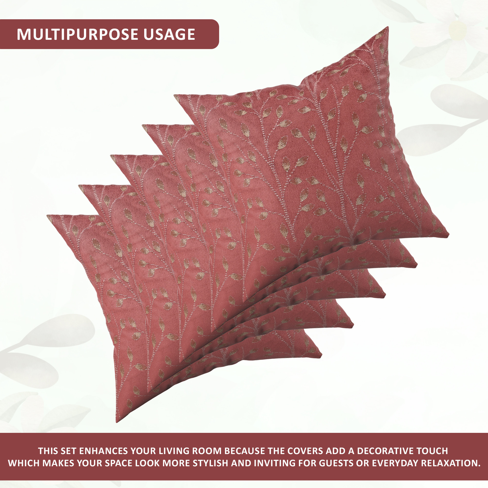 Kuber Industries Set of 5 Velvet Finish Fancy Sofa Pillow Cover for Living Room  Decorative Cushion Covers 16 inch x 16 Inch for Bedroom  Home Decor  Glitter Leaf - Maroon