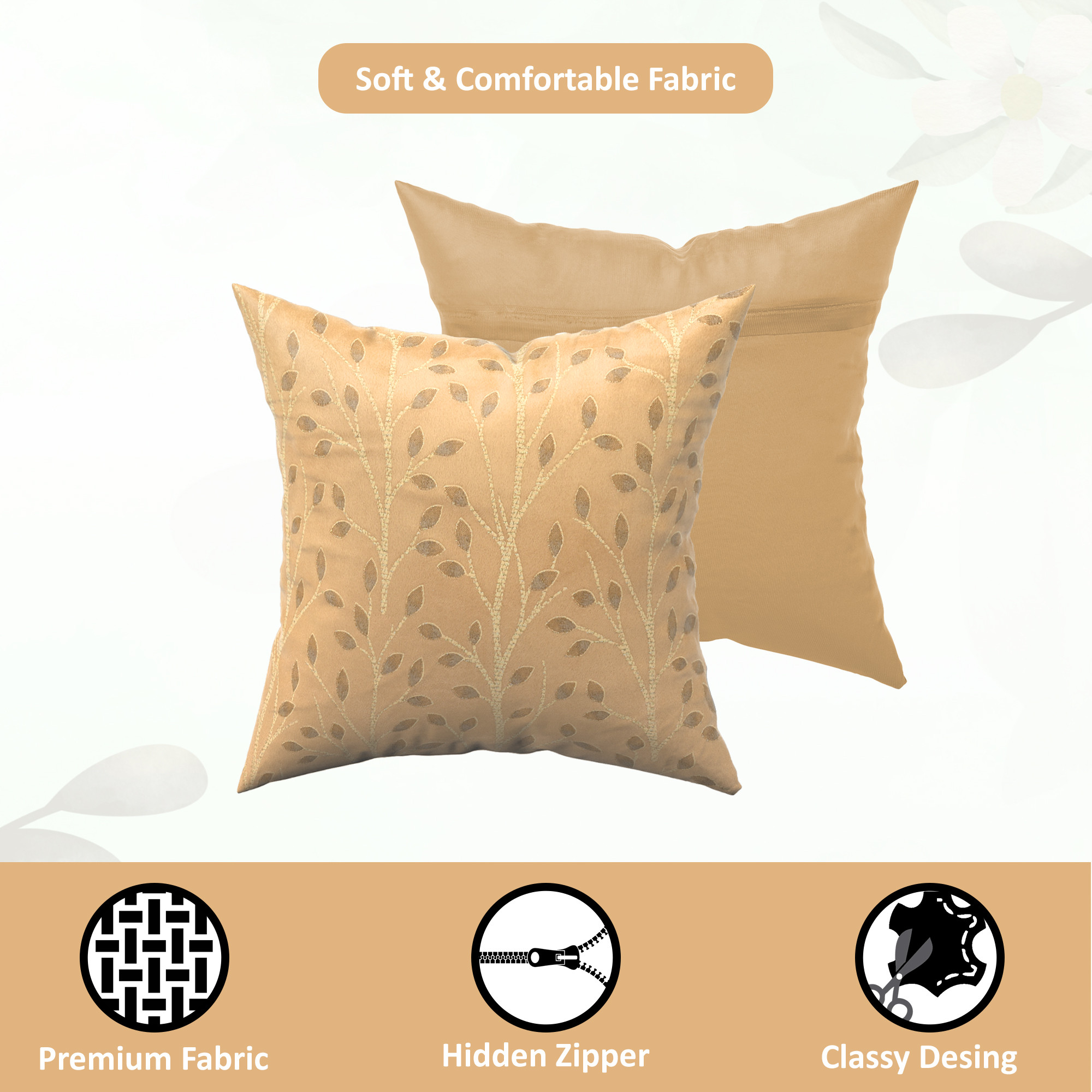 Kuber Industries Set of 5 Velvet Finish Fancy Sofa Pillow Cover for Living Room  Decorative Cushion Covers 16 inch x 16 Inch for Bedroom  Home Decor  Glitter Leaf - Golden