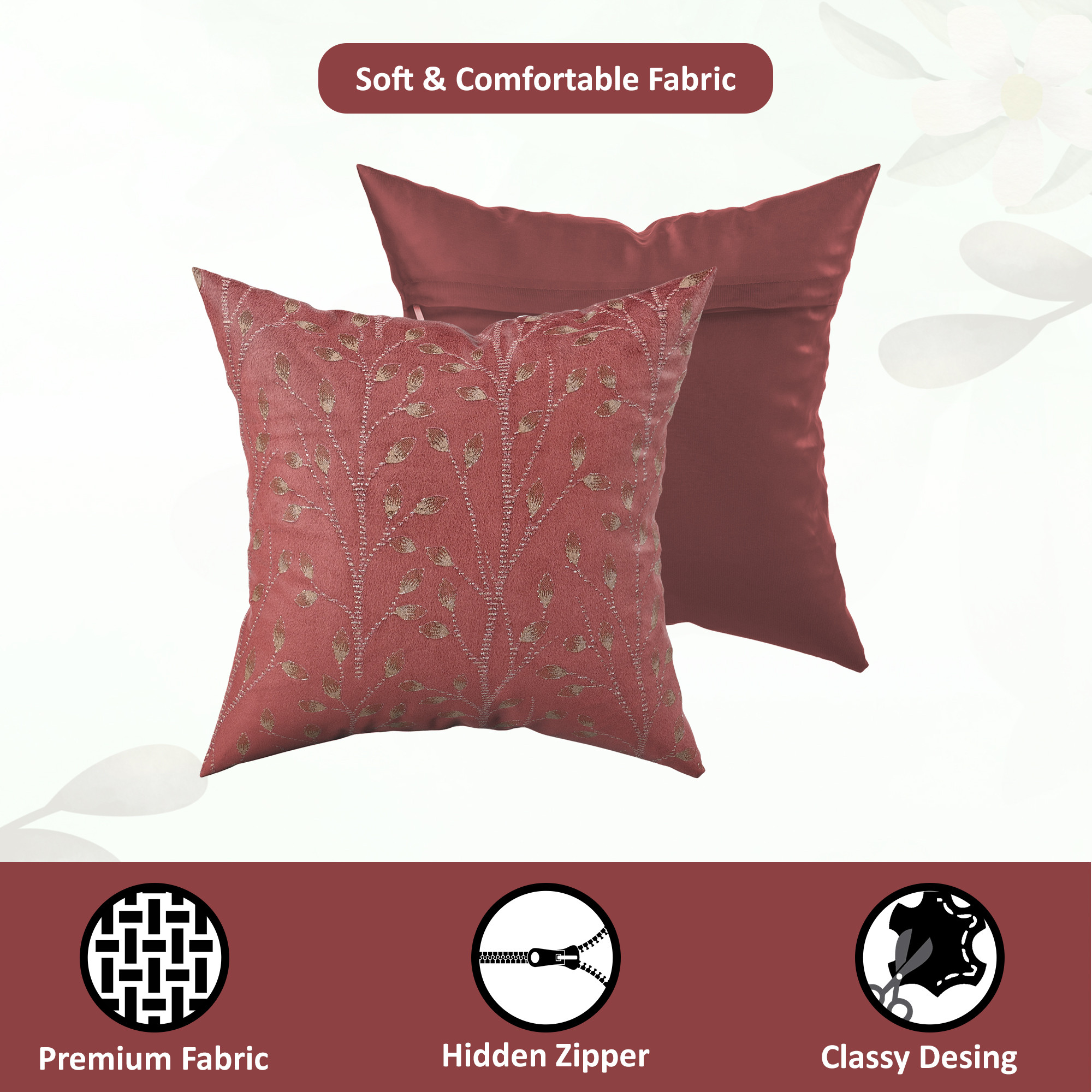 Kuber Industries Set of 5 Velvet Finish Fancy Sofa Pillow Cover for Living Room  Decorative Cushion Covers 16 inch x 16 Inch for Bedroom  Home Decor  Glitter Leaf - Maroon