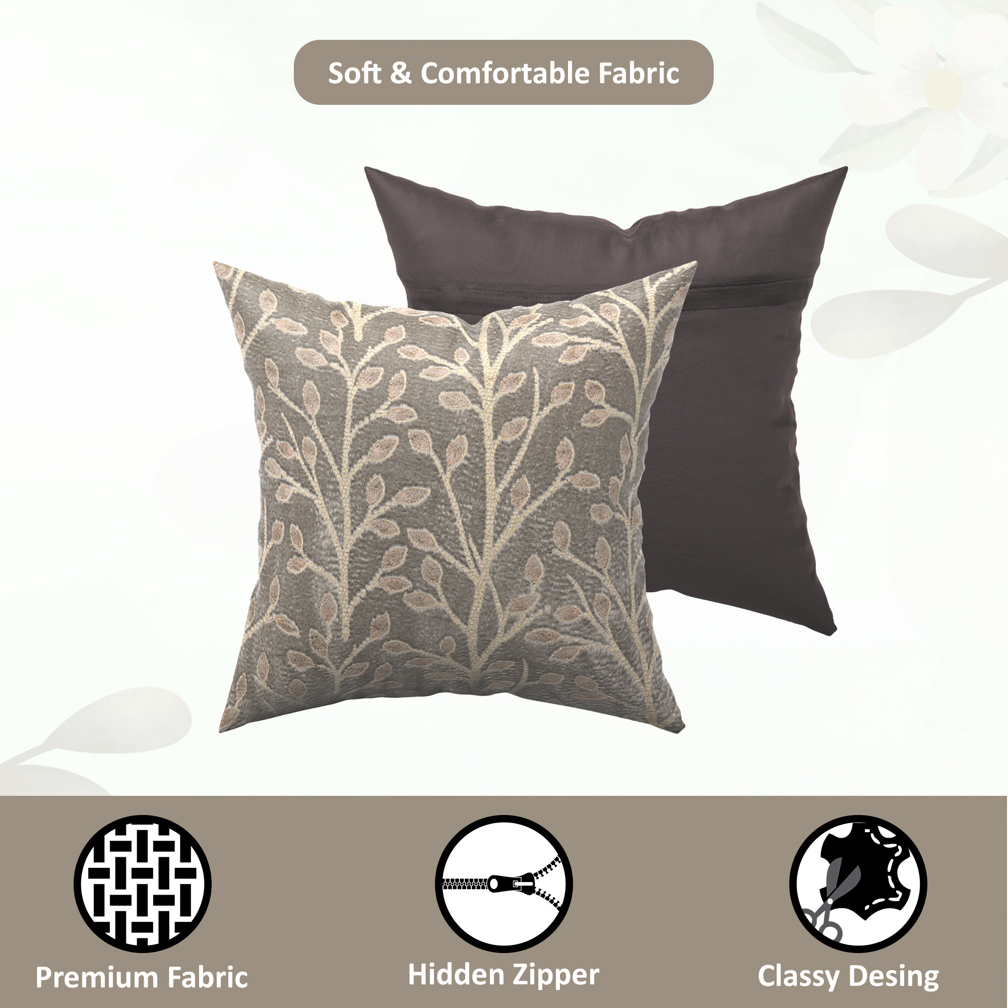 Kuber Industries Set of 5 Velvet Finish Fancy Sofa Pillow Cover for Living Room  Decorative Cushion Covers 16 inch x 16 Inch for Bedroom  Home Decor  Glitter Leaf - Grey