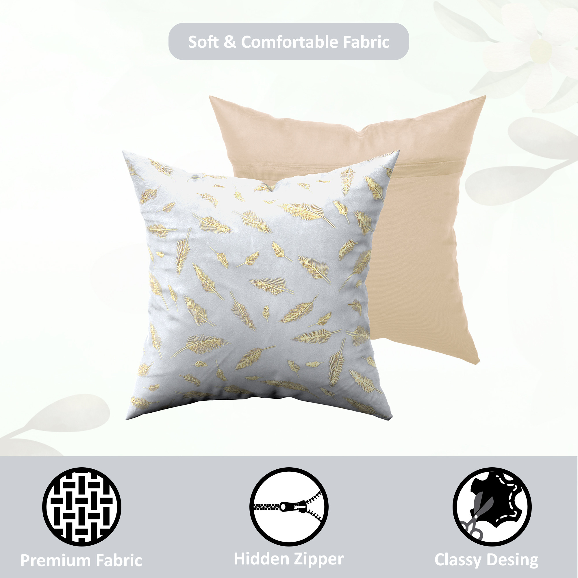 Kuber Industries Set of 5 Velvet Finish Fancy Sofa Pillow Cover for Living Room  Decorative Cushion Covers 16 inch x 16 Inch for Bedroom  Home Decor  Leaf Golden - Grey