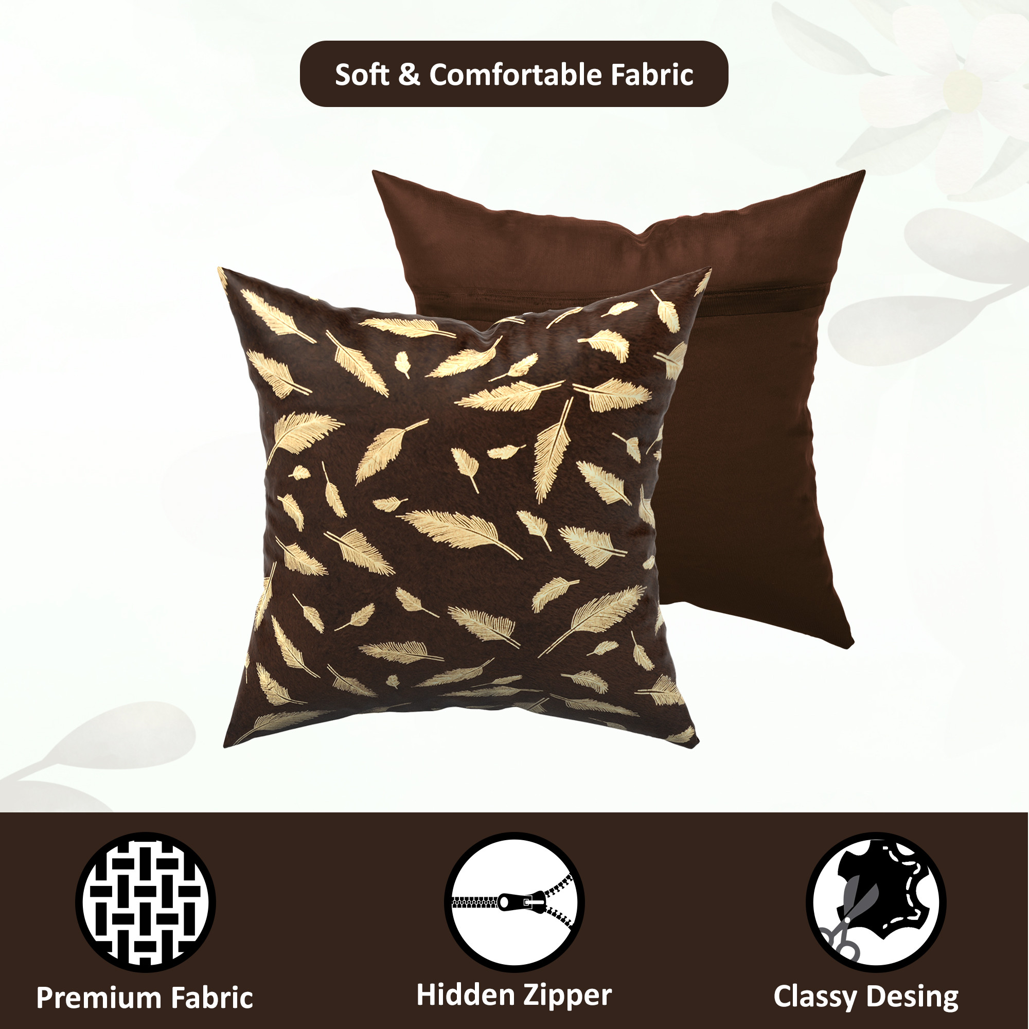 Kuber Industries Set of 5 Velvet Finish Fancy Sofa Pillow Cover for Living Room  Decorative Cushion Covers 16 inch x 16 Inch for Bedroom  Home Decor  Leaf Golden - Brown