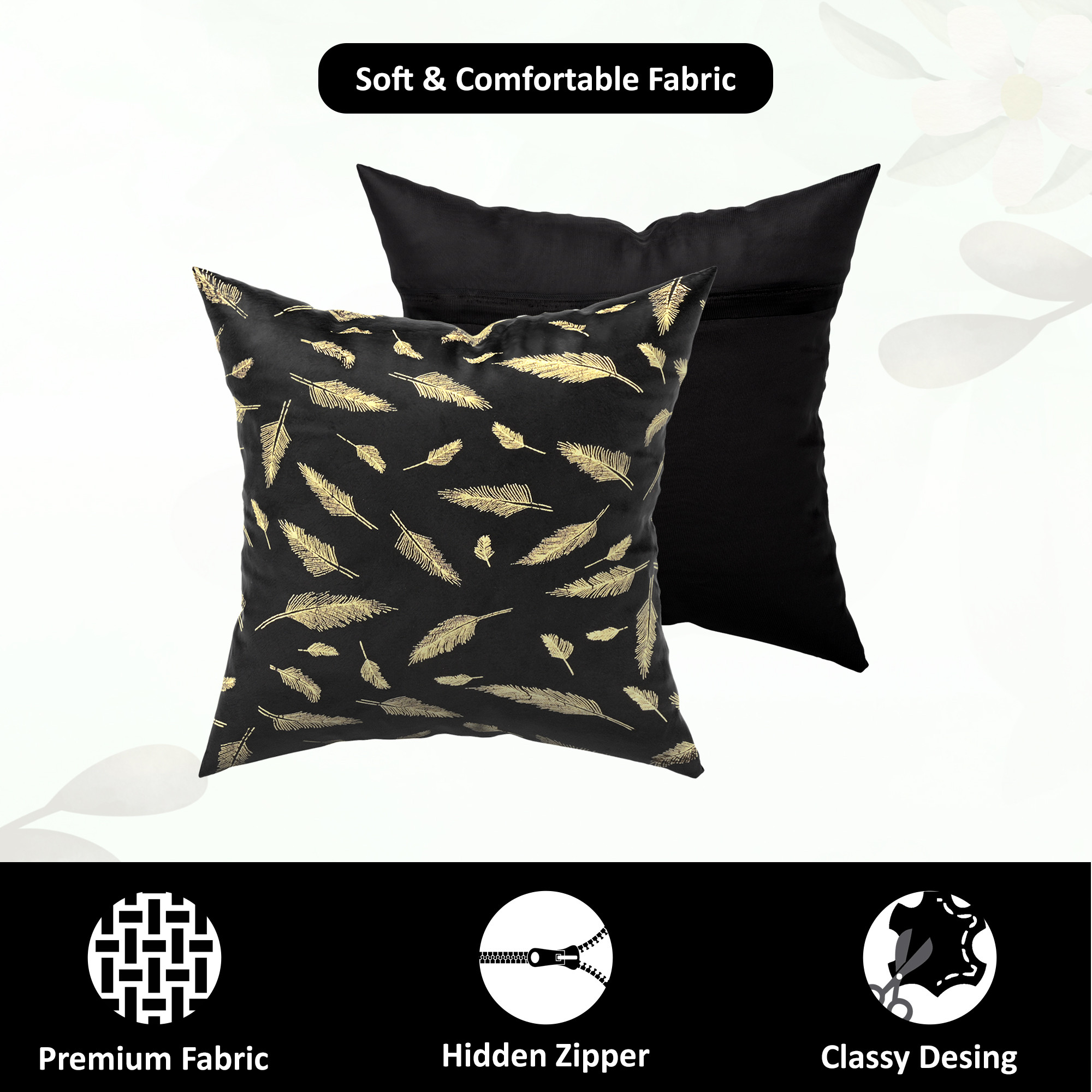 Kuber Industries Set of 5 Velvet Finish Fancy Sofa Pillow Cover for Living Room  Decorative Cushion Covers 16 inch x 16 Inch for Bedroom  Home Decor  Leaf Golden - Black
