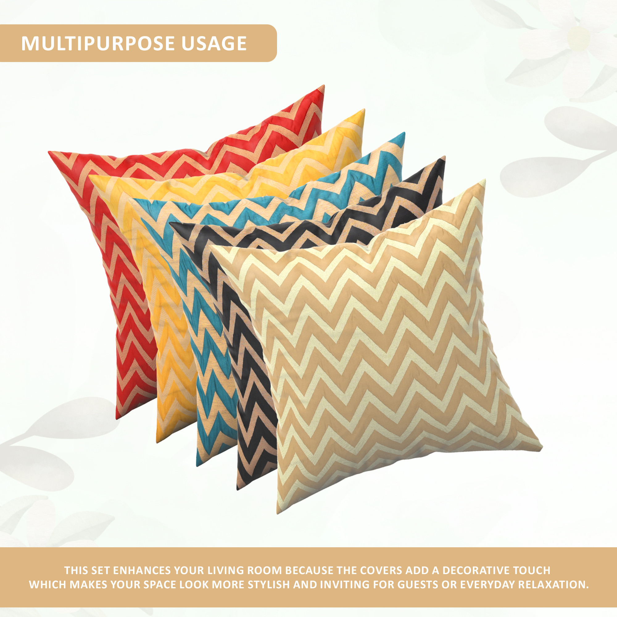 Kuber Industries Set of 5 Washable  Removable Sofa Pillow Cover for Living Room  Decorative Cushion Covers 16 inch x 16 Inch for Bedroom  Home Decor  Zig Zag Golden - Multicolour