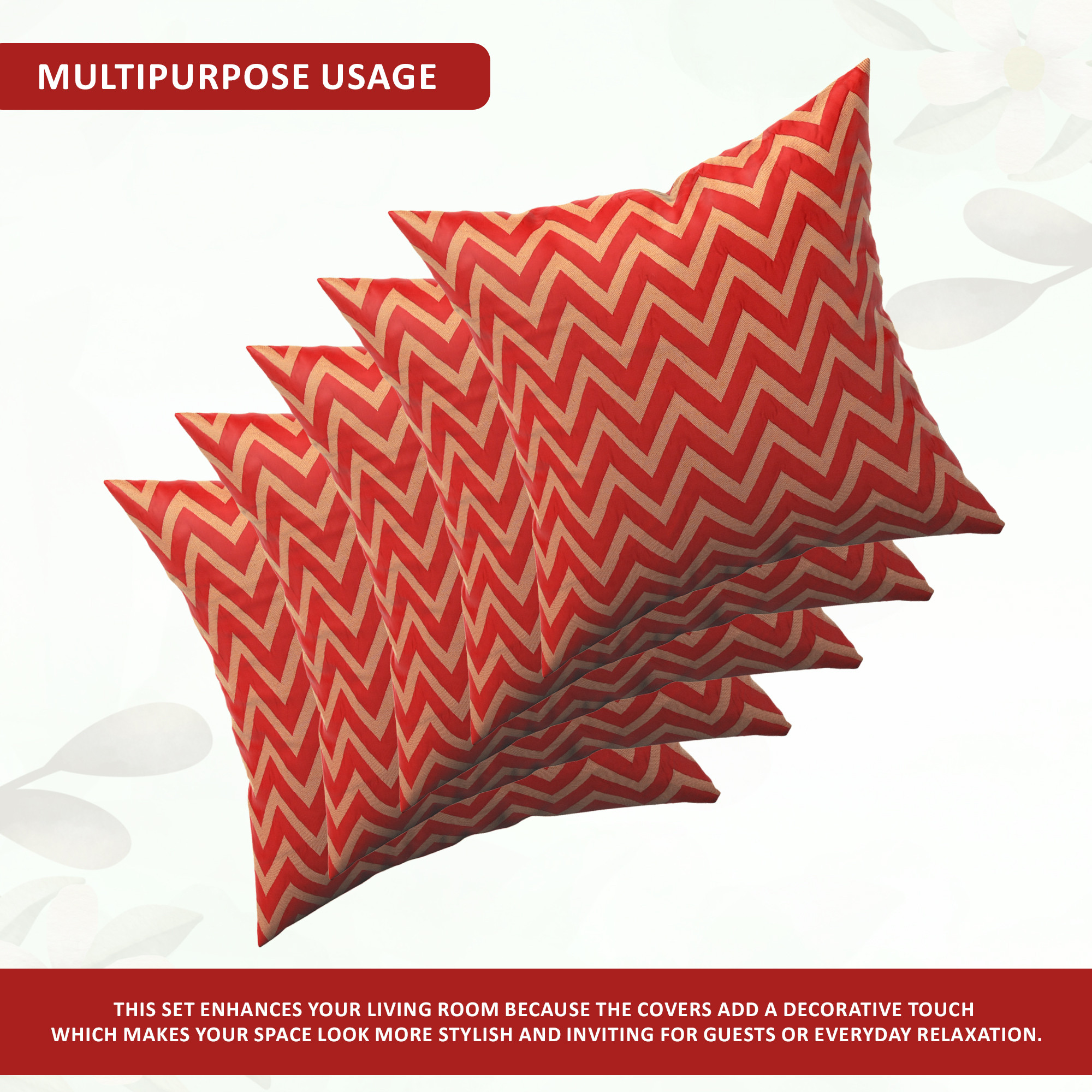 Kuber Industries Set of 5 Washable  Removable Sofa Pillow Cover for Living Room  Decorative Cushion Covers 16 inch x 16 Inch for Bedroom  Home Decor  Zig Zag Golden - Red