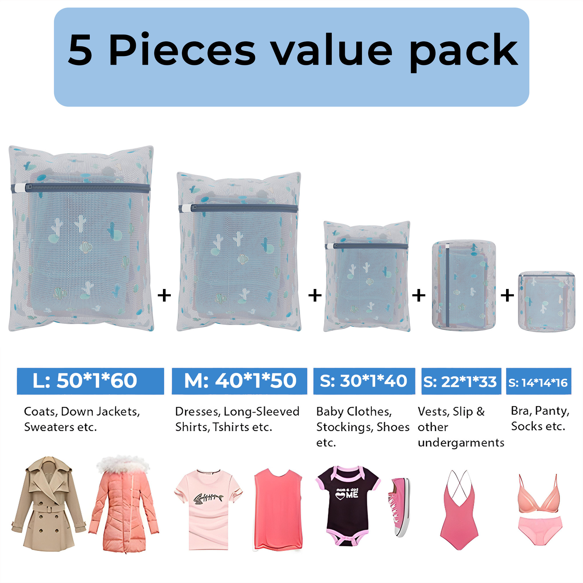 Kuber Industries Set of 6 Polyester Mesh Laundry Bag with Zip  Reusable Washing Bags for Washing Machine  Ideal for Lingerie Delicate Fabrics  Shoes Protection  YZ-1-2  Cactus Print - White