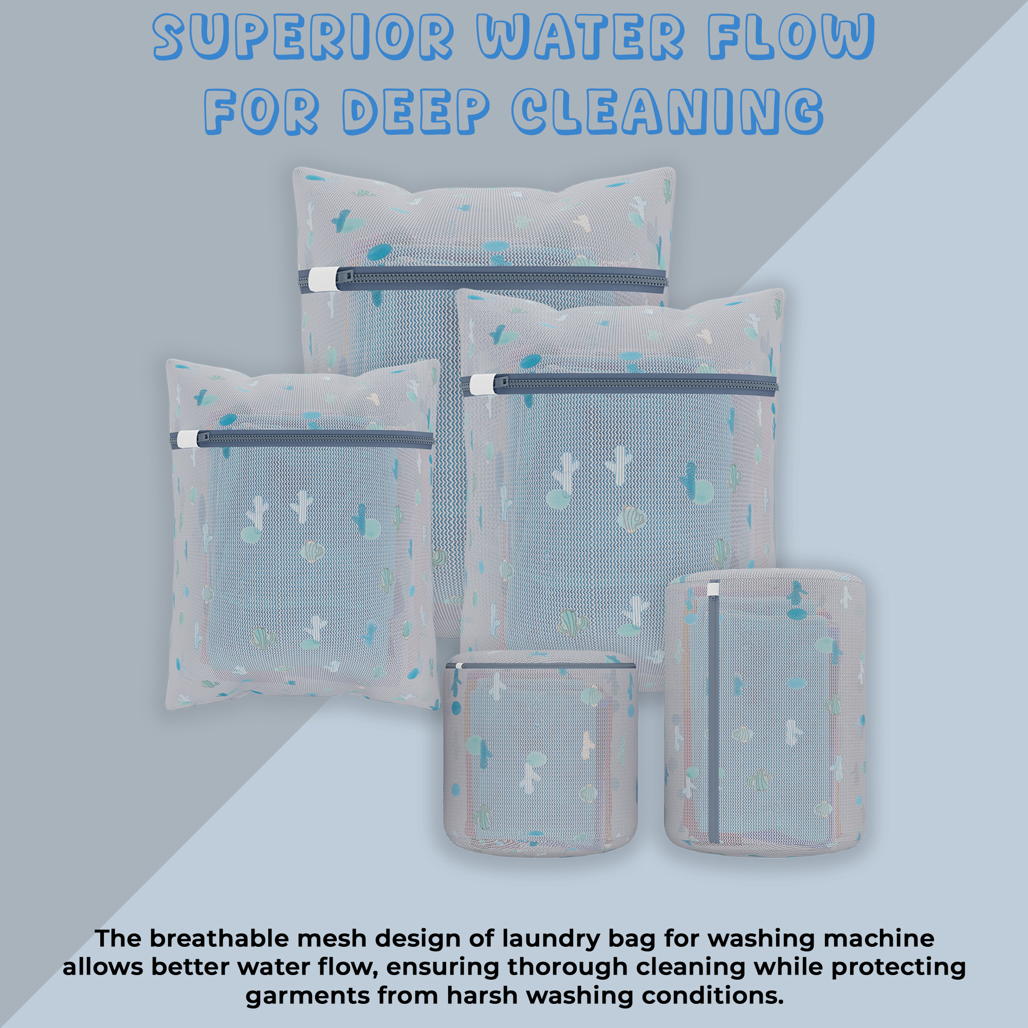 Kuber Industries Set of 6 Polyester Mesh Laundry Bag with Zip  Reusable Washing Bags for Washing Machine  Ideal for Lingerie Delicate Fabrics  Shoes Protection  YZ-1-2  Cactus Print - White