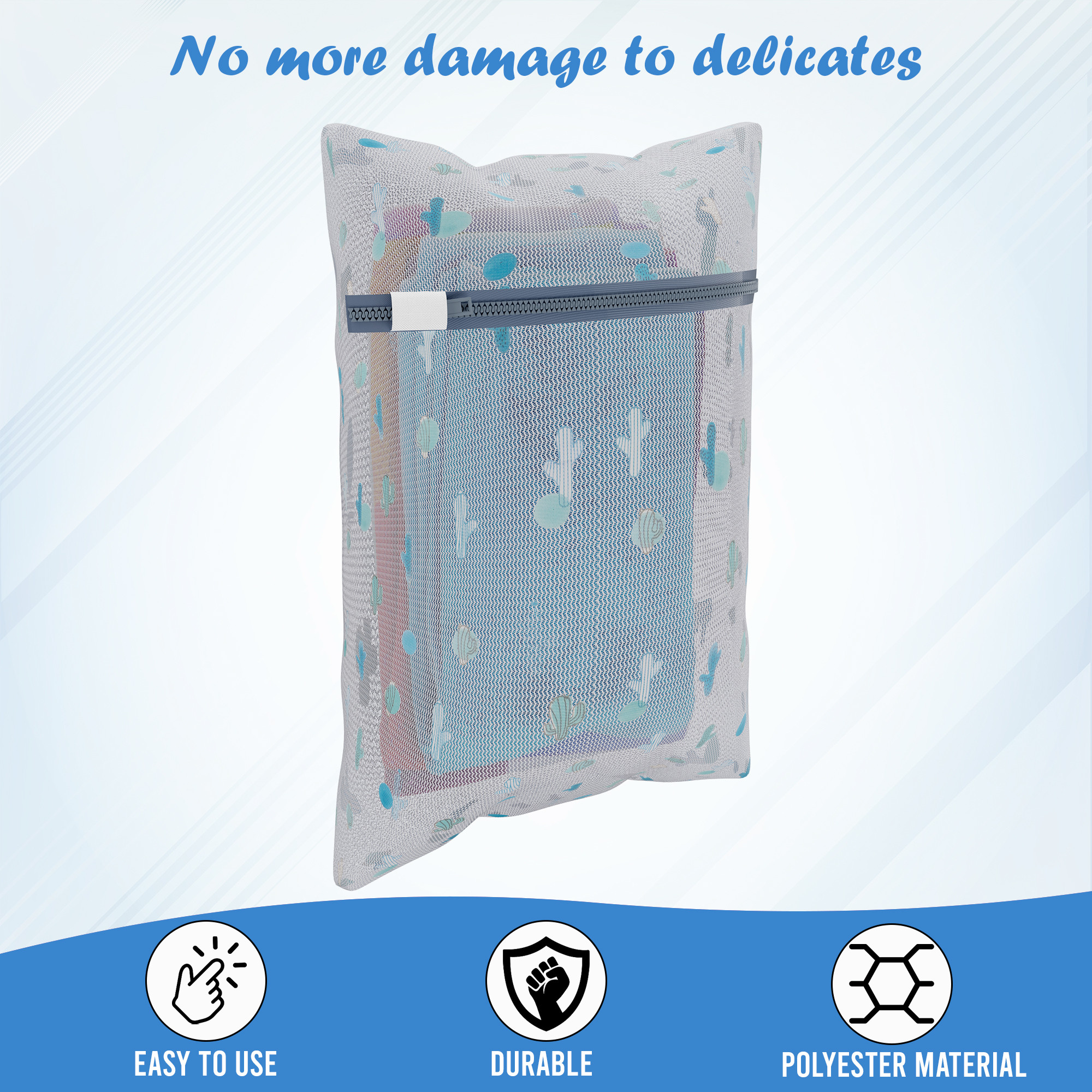 Kuber Industries Set of 6 Polyester Mesh Laundry Bag with Zip  Reusable Washing Bags for Washing Machine  Ideal for Lingerie Delicate Fabrics  Shoes Protection  YZ-1-2  Cactus Print - White