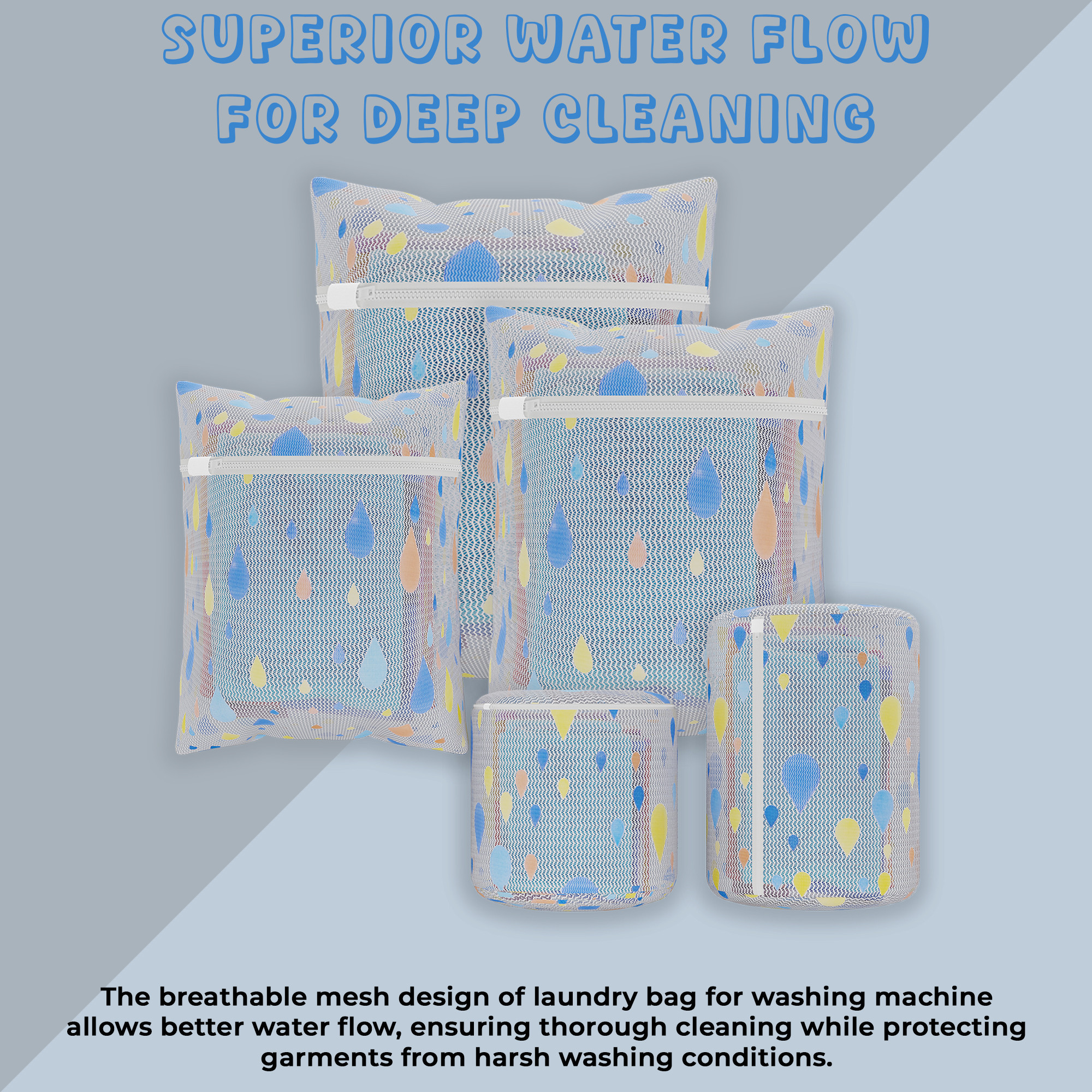 Kuber Industries Set of 6 Polyester Mesh Laundry Bag with Zip  Reusable Washing Bags for Washing Machine  Ideal for Lingerie Delicate Fabrics  Shoes Protection  YZ-1-3  Drop Print - White