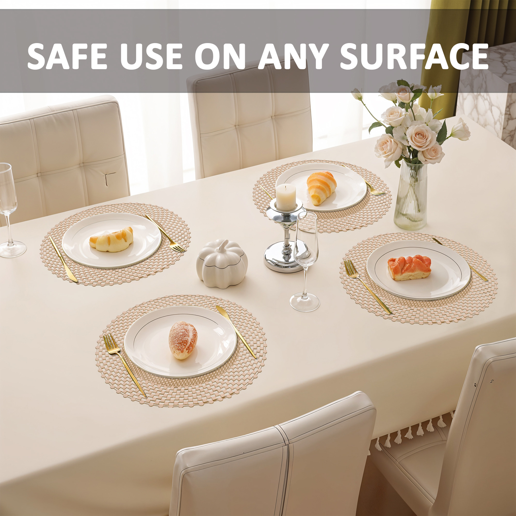 Kuber Industries Set of 6 Soft Leather Anti-Slip Dining Table MatsPlacemats  Heat Resistant Centre Table Mat  Dining Table Accessories for Home  Restaurant  Geometric Print - Gold