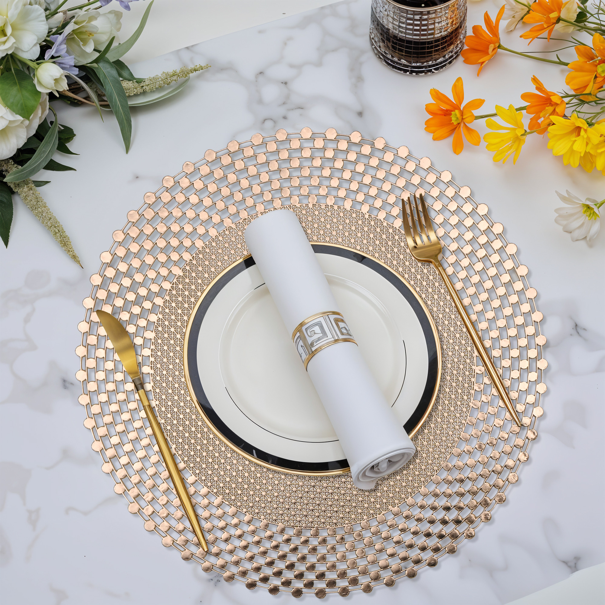 Kuber Industries Set of 6 Soft Leather Anti-Slip Dining Table MatsPlacemats  Heat Resistant Centre Table Mat  Dining Table Accessories for Home  Restaurant  Geometric Print - Gold