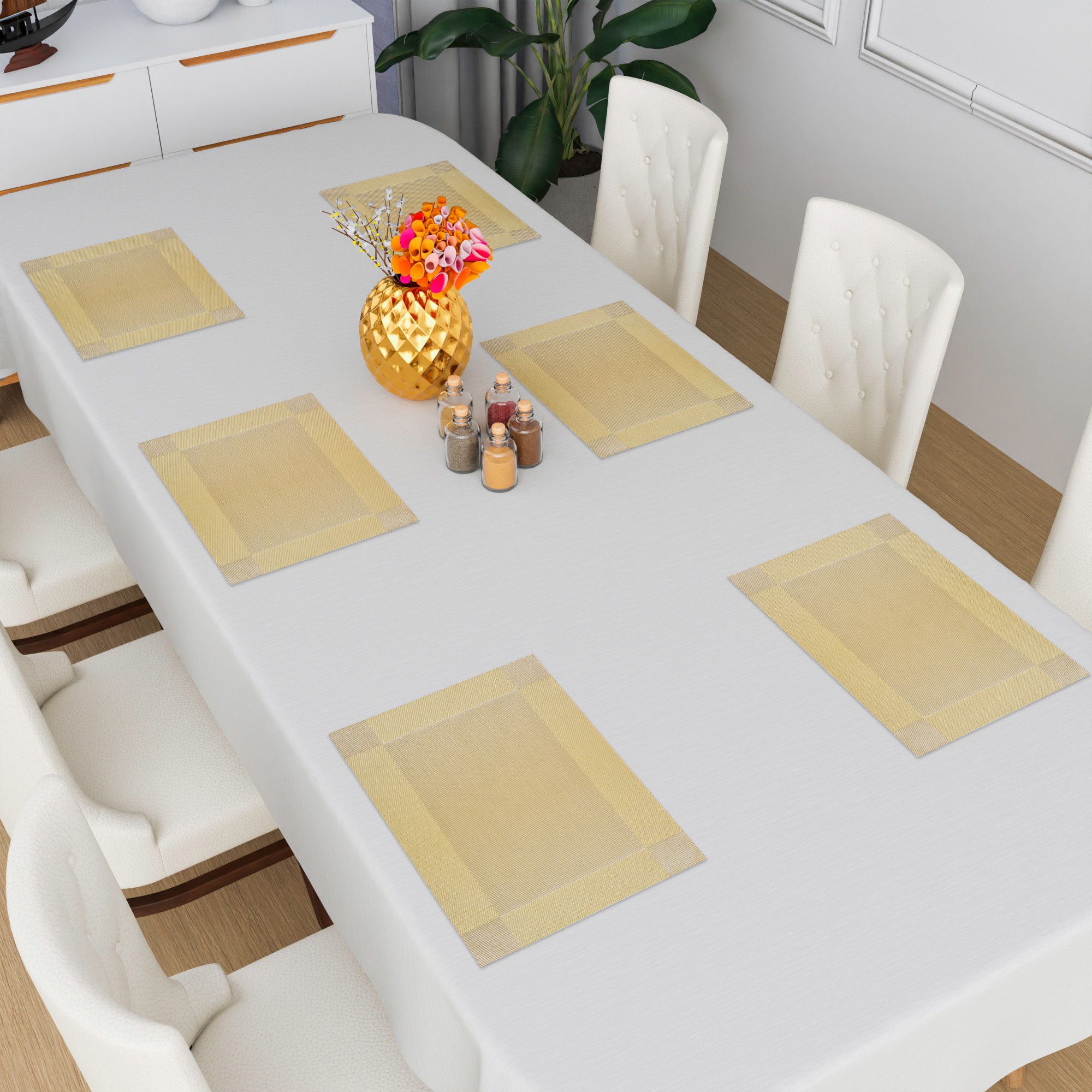 Kuber Industries Set of 6 Table Mats  30x45 cm  Placemat for Dining Table  Tableware Dcor  Placemats for Cakes  Desserts  Placemat for Kitchen Table  Border Chatai  Golden