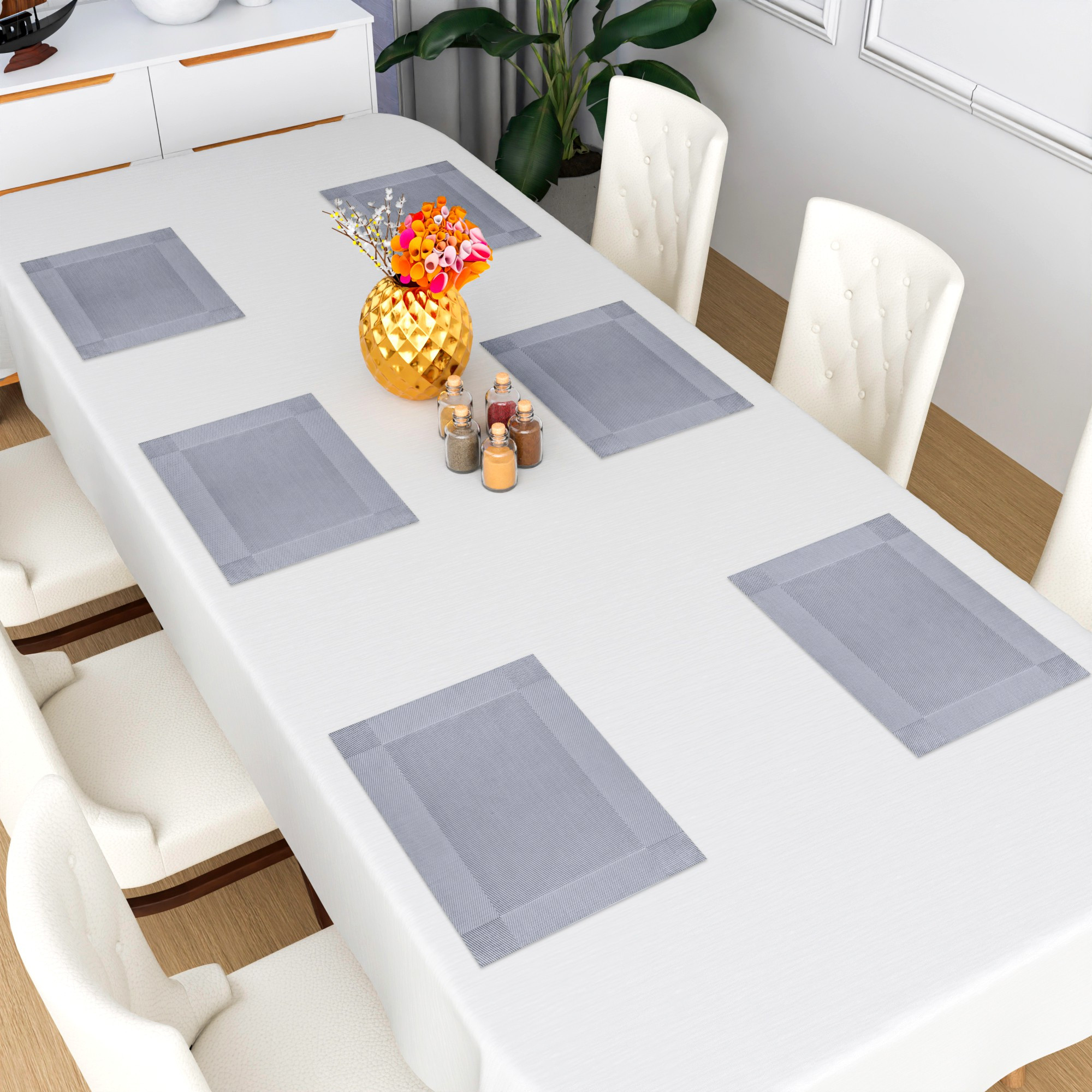 Kuber Industries Set of 6 Table Mats  30x45 cm  Placemat for Dining Table  Tableware Dcor  Placemats for Cakes  Desserts  Placemat for Kitchen Table  Border Chatai  Silver