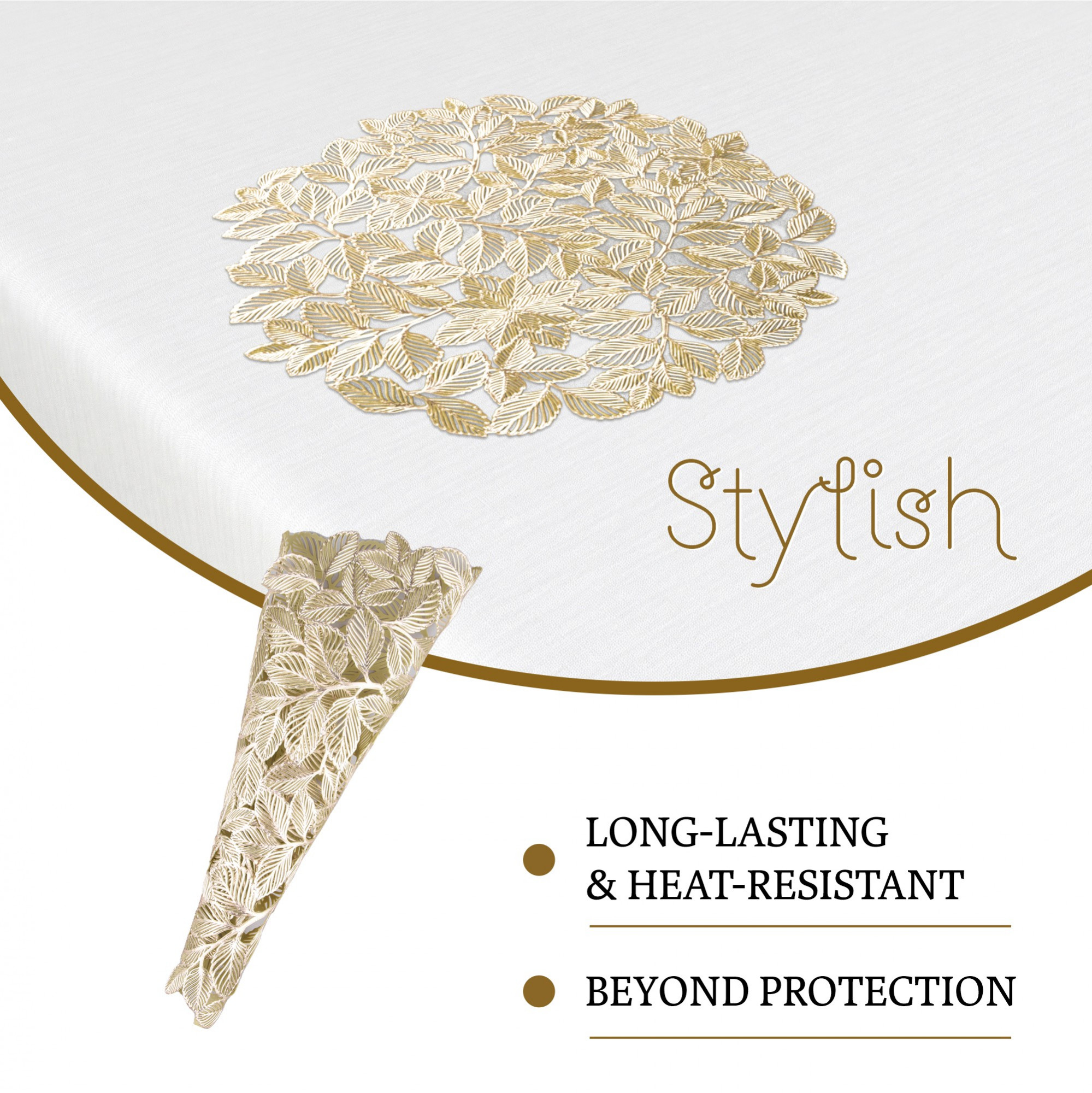 Kuber Industries Set of 6 Table Mats  Round Placemat for Dining Table  Tableware Dcor  Heat-Resistant  Placemats for Cakes  Desserts  Leather Kitchen Placemat  Small Leaf  Golden