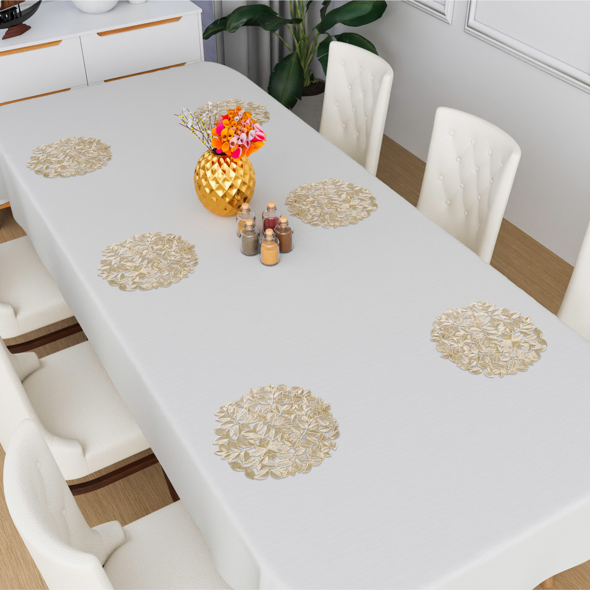 Kuber Industries Set of 6 Table Mats  Round Placemat for Dining Table  Tableware Dcor  Heat-Resistant  Placemats for Cakes  Desserts  Leather Kitchen Placemat  Small Leaf  Golden