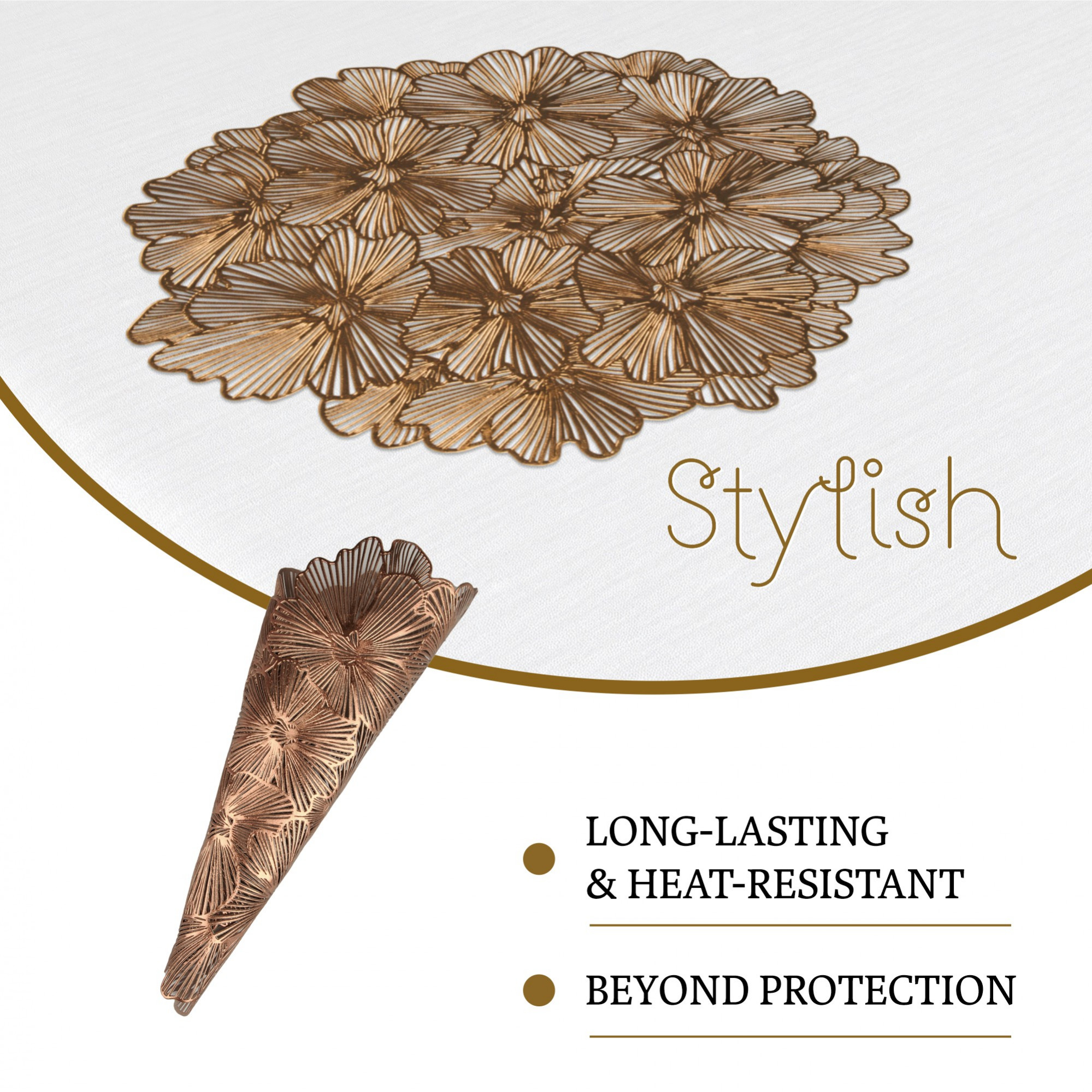 Kuber Industries Set of 6 Table Mats  Round Placemat for Dining Table  Tableware Dcor  Heat-Resistant  Placemats for Cakes  Desserts  Leather Kitchen Placemat  Flower  Copper