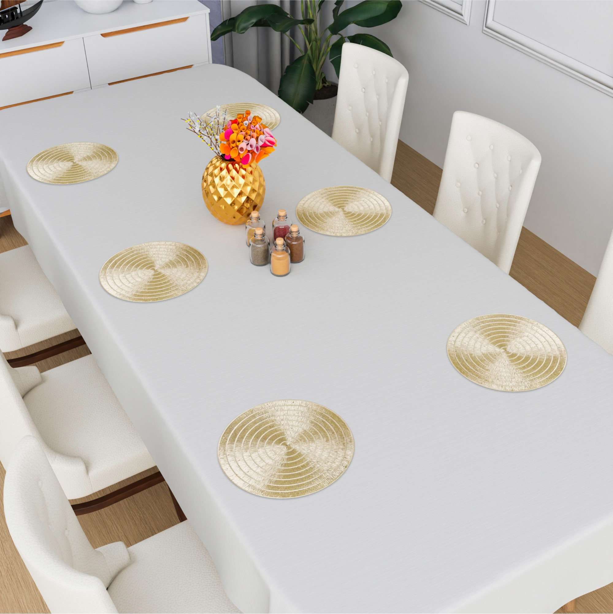 Kuber Industries Set of 6 Table Mats  Round Placemat for Dining Table  Tableware Dcor  Heat-Resistant  Placemats for Cakes  Desserts  Leather Kitchen Placemat  Jute Circle  Golden
