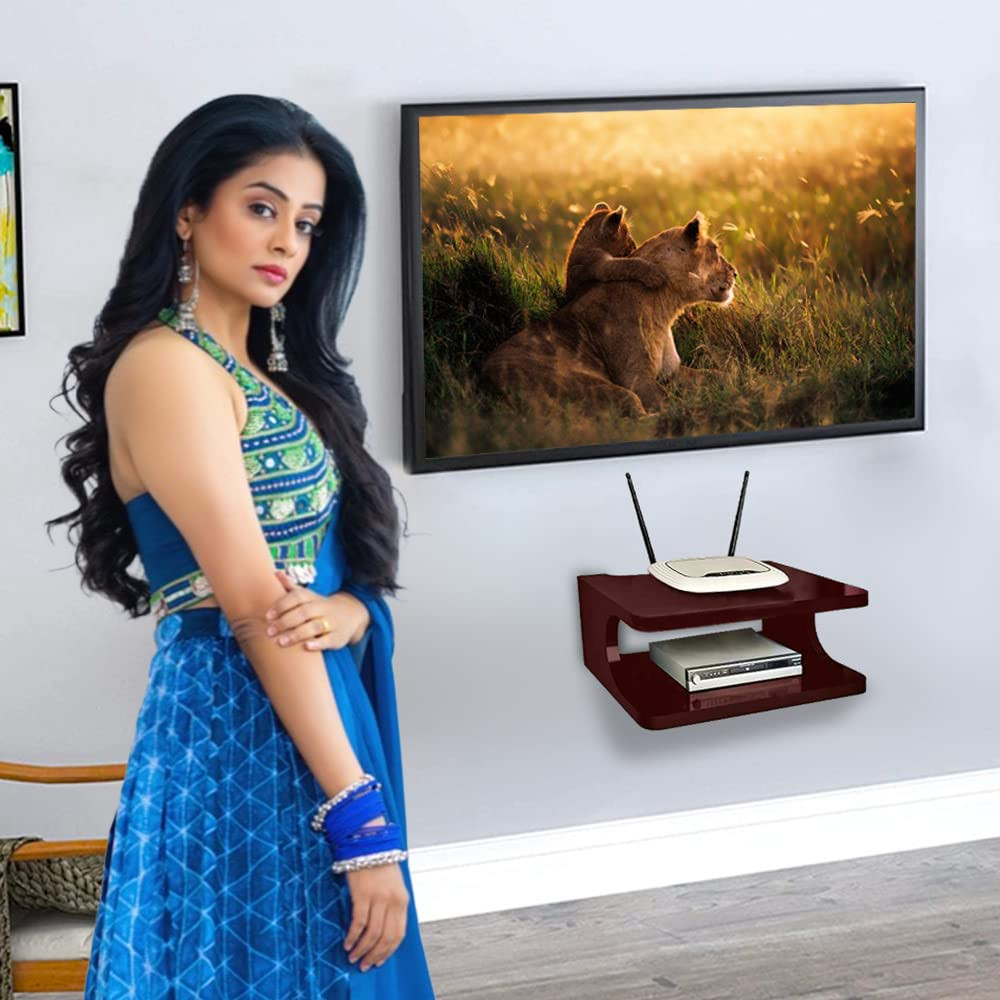 Kuber Industries Setup Box Stand | Engineered Wooden WiFi Router, Game Console, Remote Holding Wall Shelf | Wall Mount Rack for Home DÃ©cor, Set of 1, (Black) Media Console Organizer
