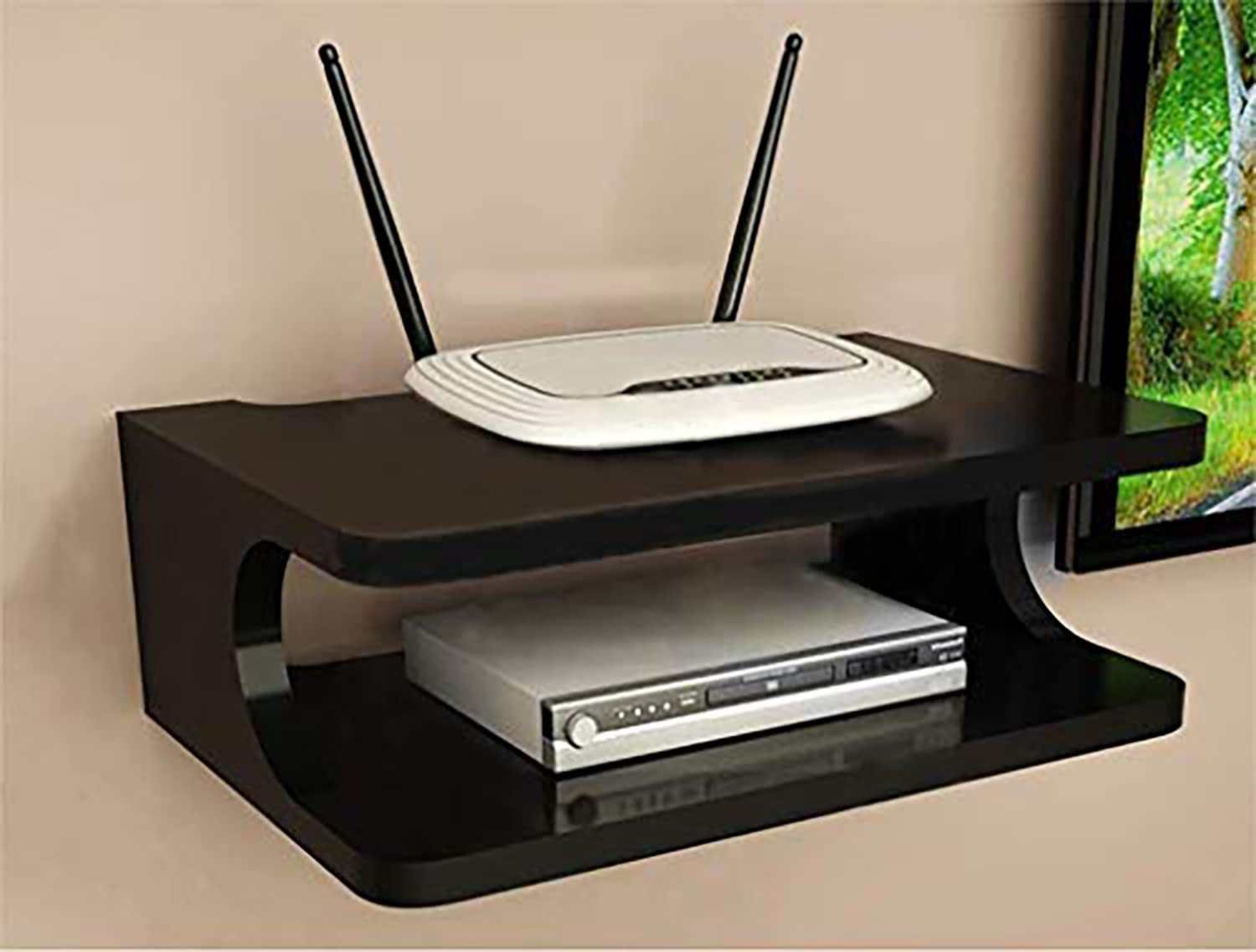 Kuber Industries Setup Box Stand | Engineered Wooden WiFi Router, Game Console, Remote Holding Wall Shelf | Wall Mount Rack for Home DÃ©cor, Set of 1, (Black) Media Console Organizer