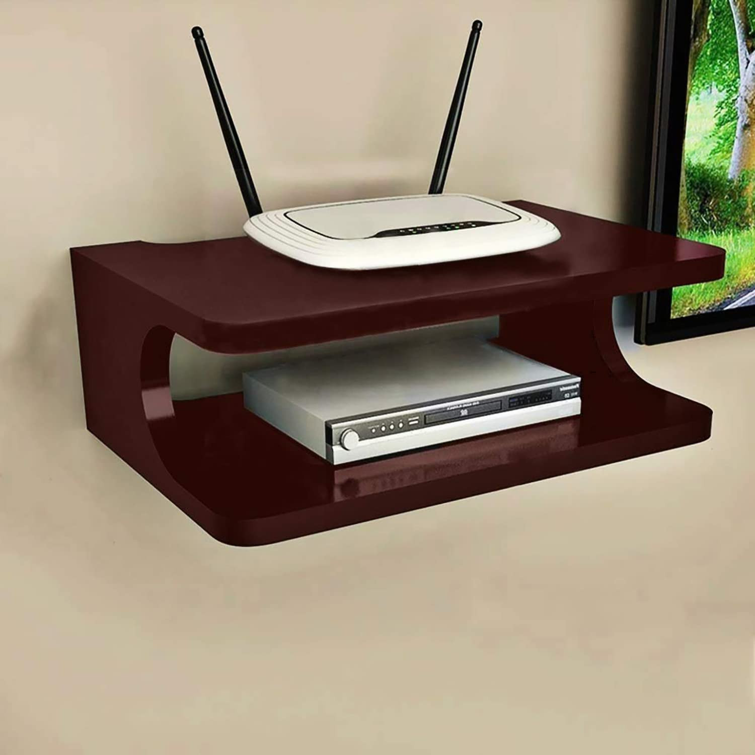 Kuber Industries Setup Box Stand | Engineered Wooden WiFi Router, Game Console, Remote Holding Wall Shelf | Wall Mount Rack for Home DÃ©cor, Set of 1, (Brown) Media Console Organizer