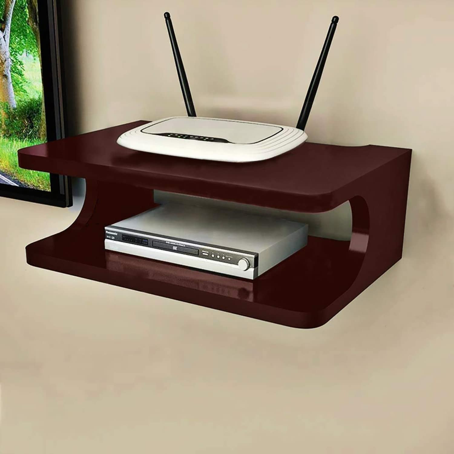 Kuber Industries Setup Box Stand | Engineered Wooden WiFi Router, Game Console, Remote Holding Wall Shelf | Wall Mount Rack for Home DÃ©cor, Set of 1, (Brown) Media Console Organizer