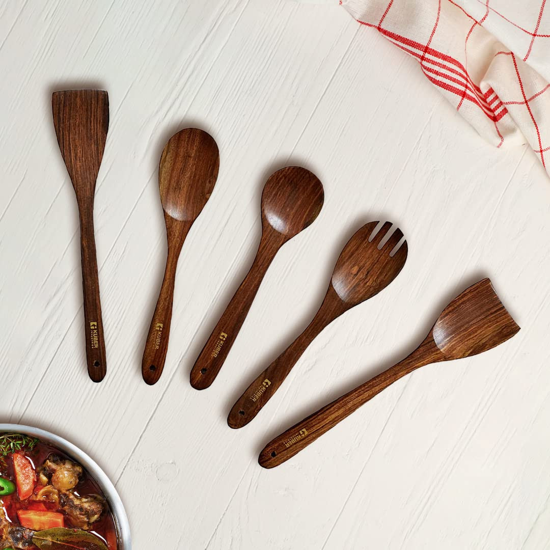 Kuber Industries Sheesham Handicrafts Wooden Serving and Cooking Spoons | No Harmful Polish | Naturally Non-Stick | Wood Brown Spoons Kitchen Utensil | Handmade Spatula Set of 5