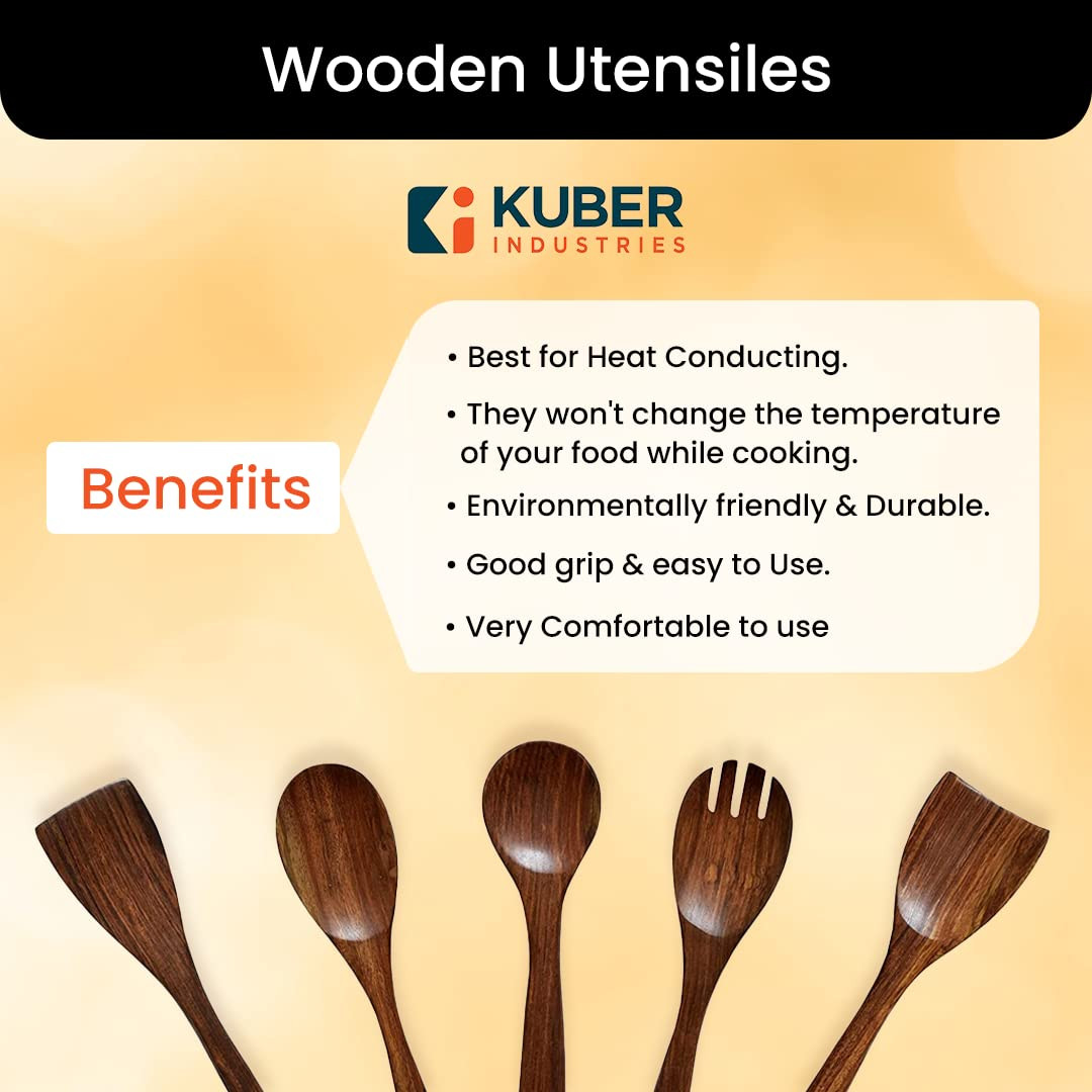 Kuber Industries Sheesham Handicrafts Wooden Serving and Cooking Spoons | No Harmful Polish | Naturally Non-Stick | Wood Brown Spoons Kitchen Utensil | Handmade Spatula Set of 5