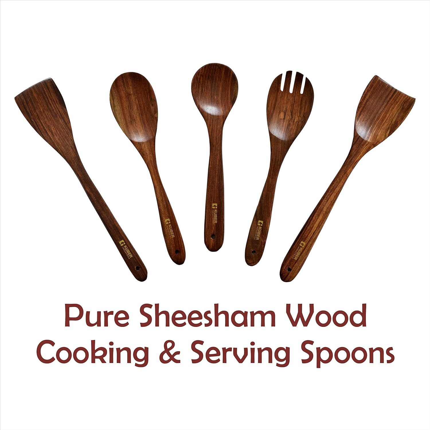 Kuber Industries Sheesham Handicrafts Wooden Serving and Cooking Spoons | No Harmful Polish | Naturally Non-Stick | Wood Brown Spoons Kitchen Utensil | Handmade Spatula Set of 5