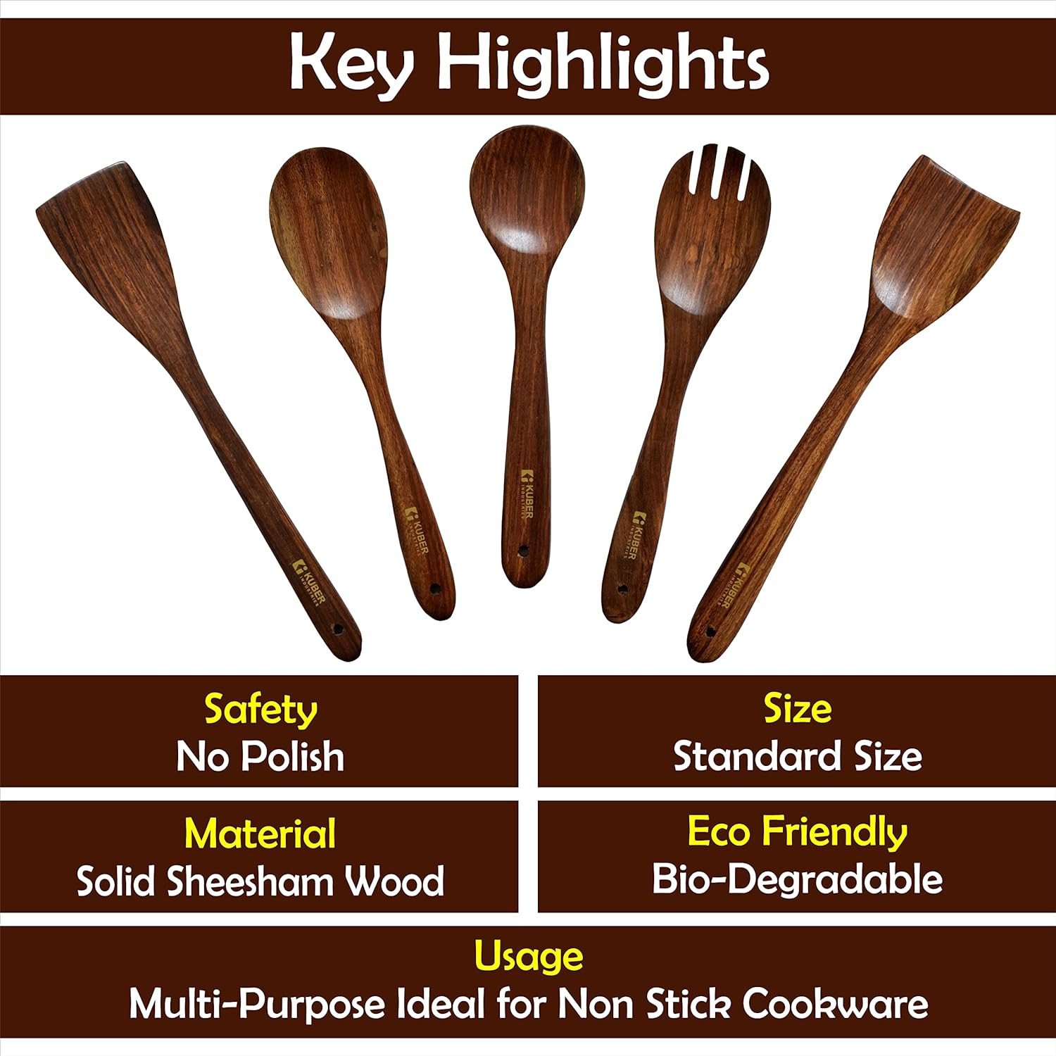 Kuber Industries Sheesham Handicrafts Wooden Serving and Cooking Spoons | No Harmful Polish | Naturally Non-Stick | Wood Brown Spoons Kitchen Utensil | Handmade Spatula Set of 5