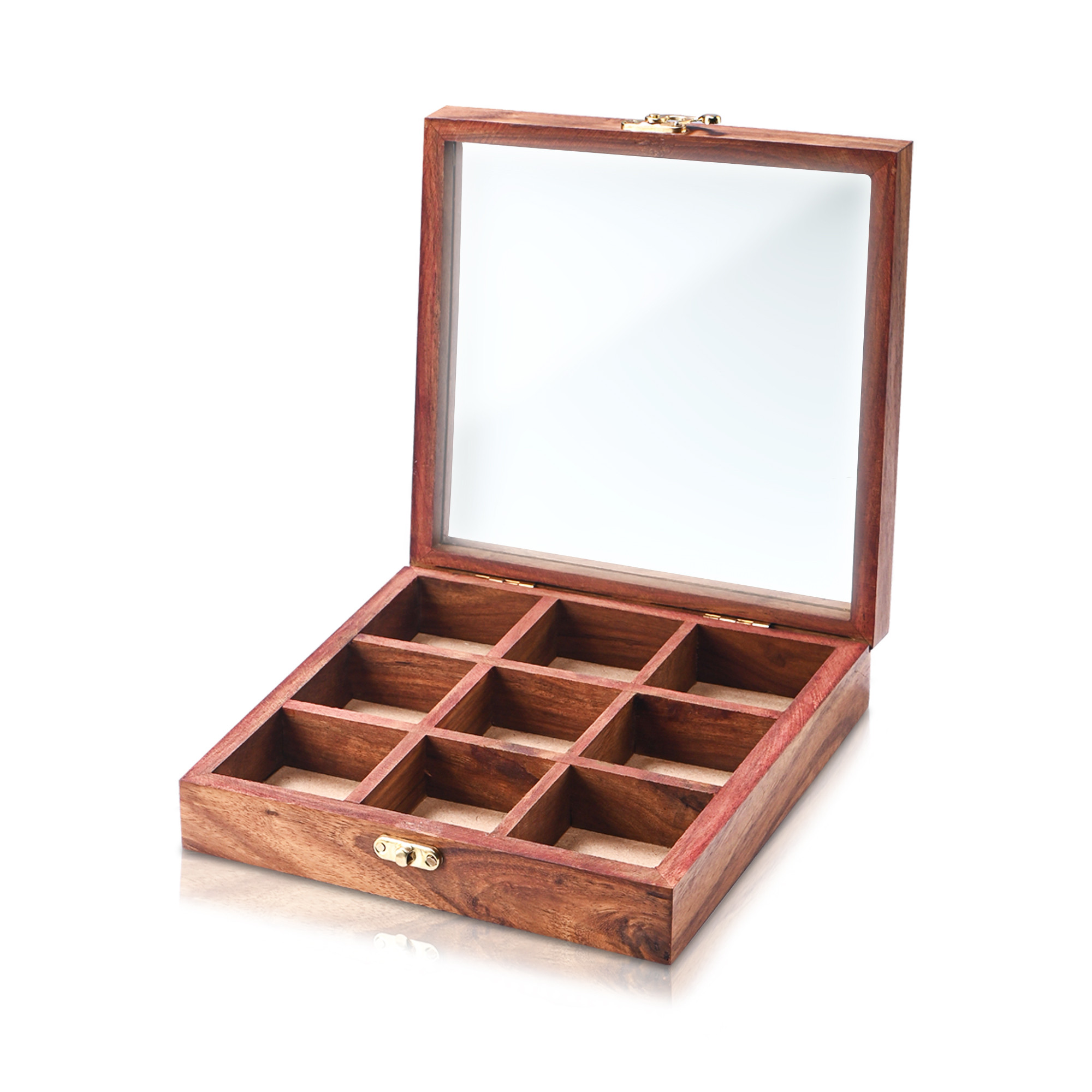 Kuber Industries Sheesham Wood Spice Box for Kitchen Storage with Top Glass Lid  Square Masala Dani with 9 Partitions  Masala Dabba Organizer for Kitchen  Brown