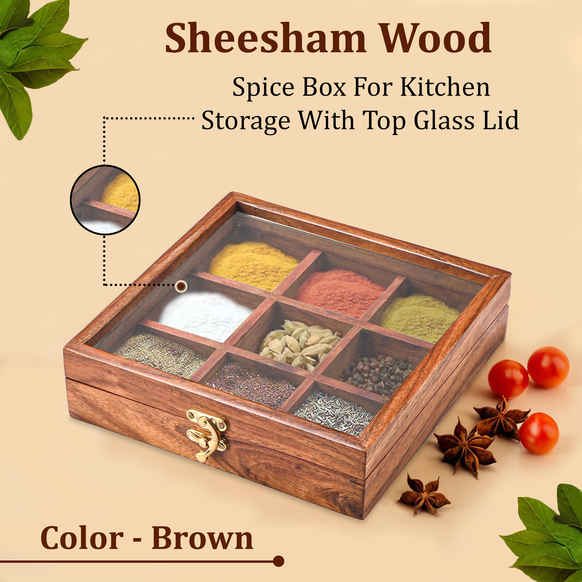Kuber Industries Sheesham Wood Spice Box for Kitchen Storage with Top Glass Lid  Square Masala Dani with 9 Partitions  Masala Dabba Organizer for Kitchen  Brown