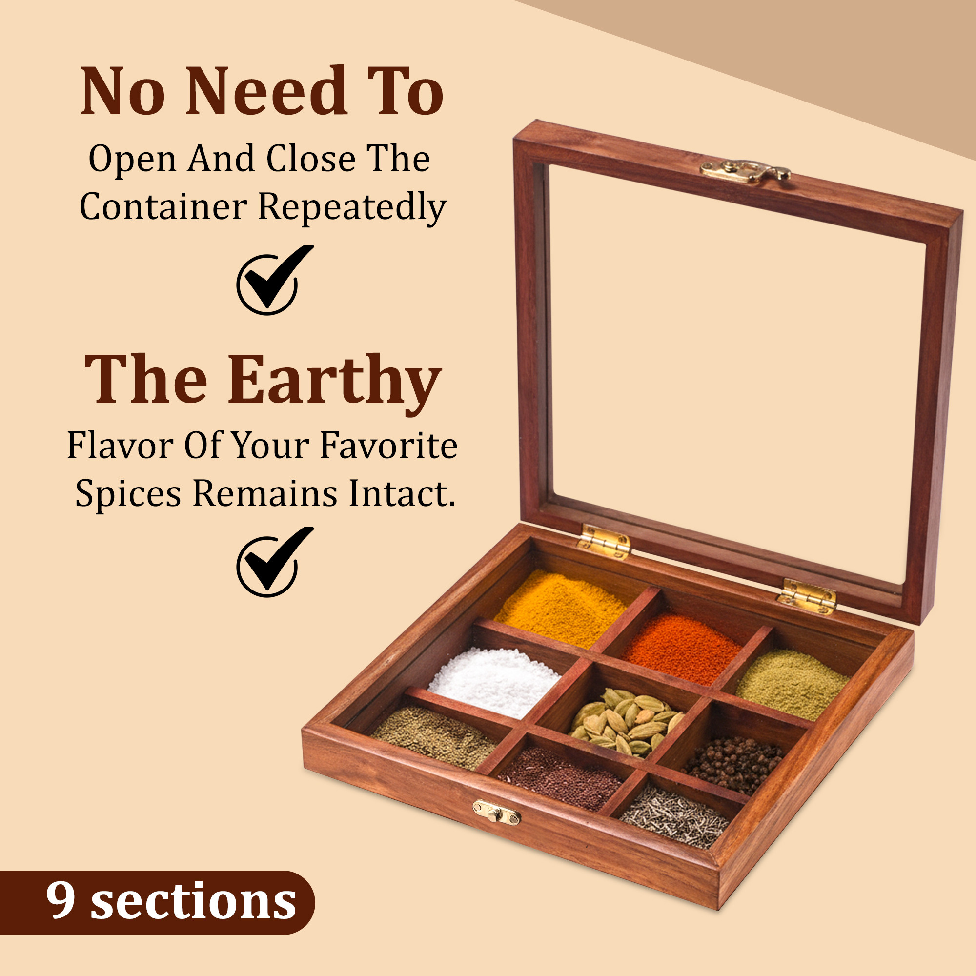 Kuber Industries Sheesham Wood Spice Box for Kitchen Storage with Top Glass Lid  Square Masala Dani with 9 Partitions  Masala Dabba Organizer for Kitchen  Brown