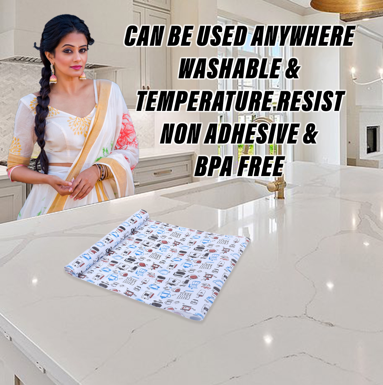 Kuber Industries Shelf Liner  EVA Kitchen Cabinet Shelf Mat  Anti-Slip Bathroom Mat  Fridge Mat  Blue Coffee house Wardrobe Mat  White