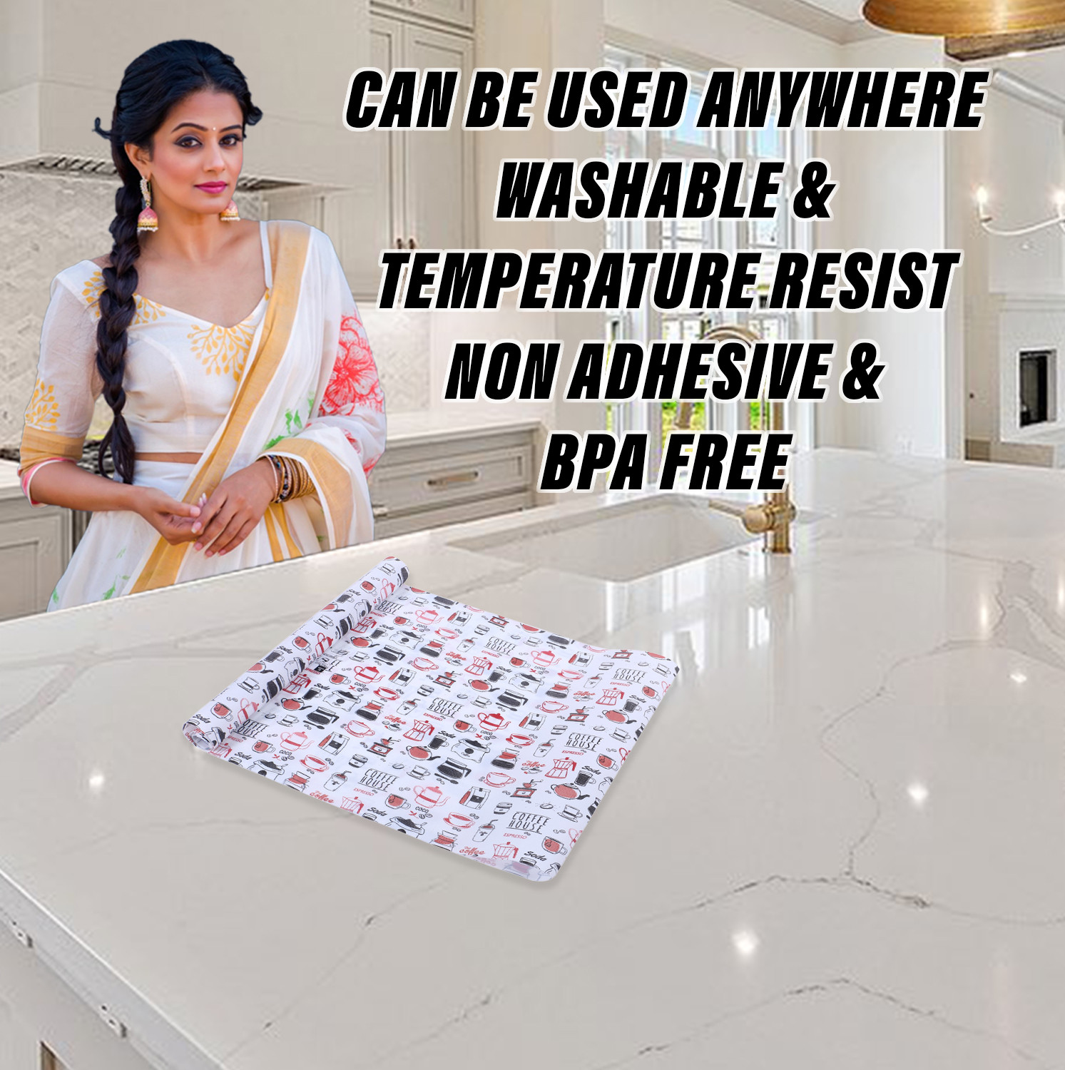 Kuber Industries Shelf Liner  EVA Kitchen Cabinet Shelf Mat  Anti-Slip Bathroom Mat  Fridge Mat  Red Coffee house Wardrobe Mat - White