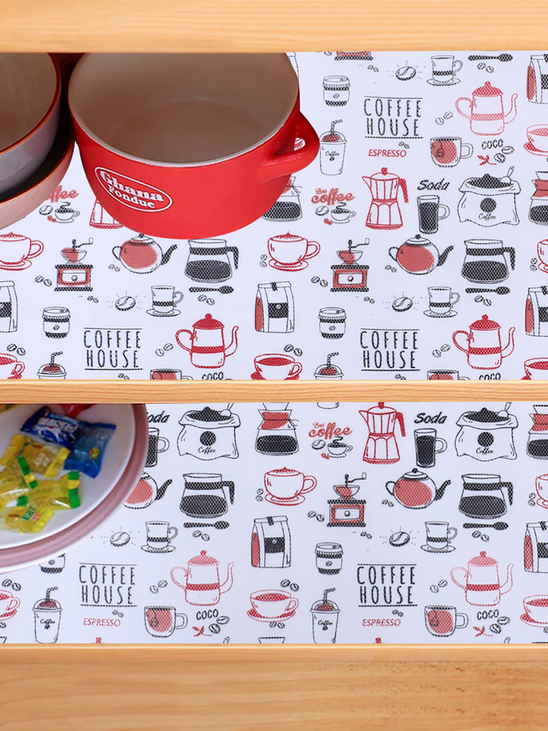 Kuber Industries Shelf Liner  EVA Kitchen Cabinet Shelf Mat  Anti-Slip Bathroom Mat  Fridge Mat  Red Coffee house Wardrobe Mat  10 Meter  White