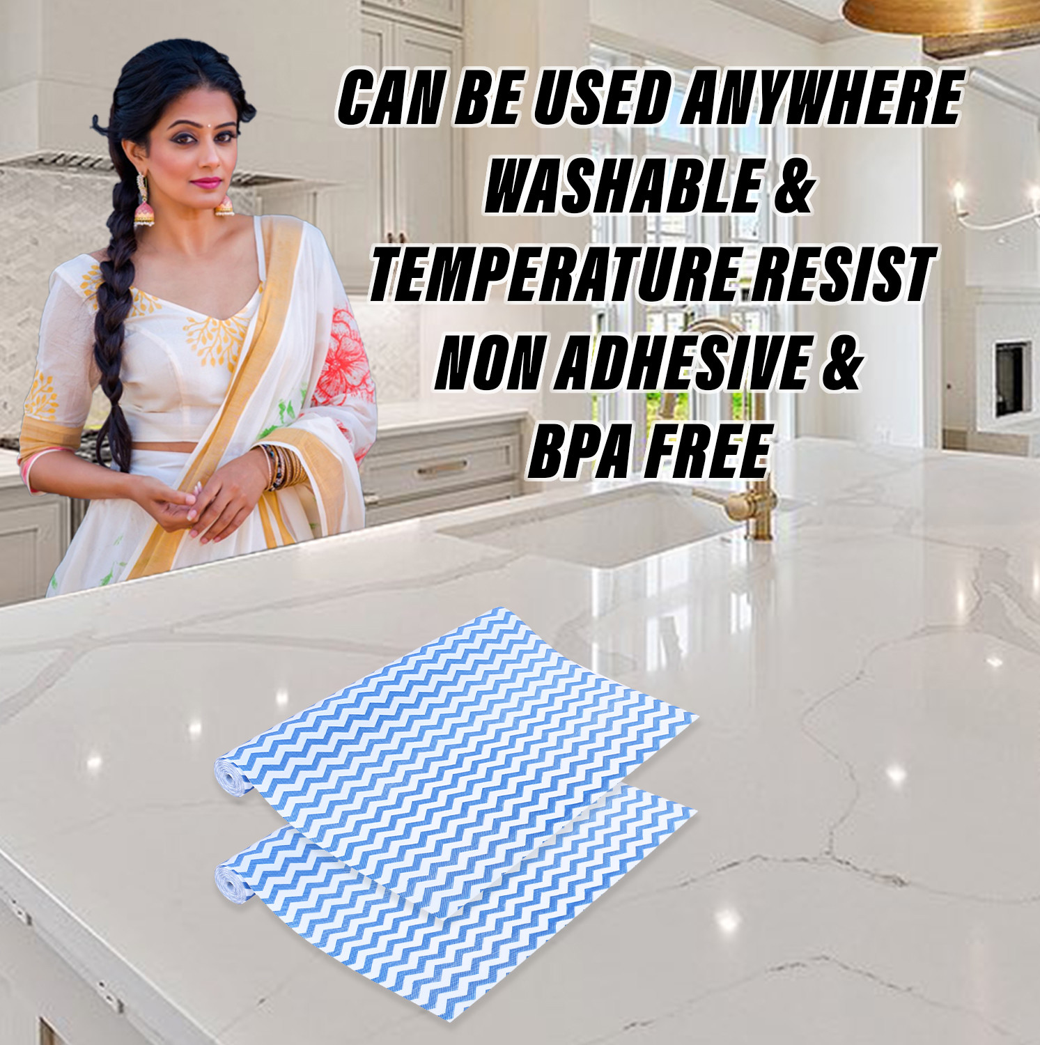 Kuber Industries Shelf Liner  EVA Kitchen Cabinet Shelf Mat  Anti-Slip Bathroom Mat  Fridge Mat  Table Mat  Zig Zag Design Wardrobe Mat  3 Meter  Blue