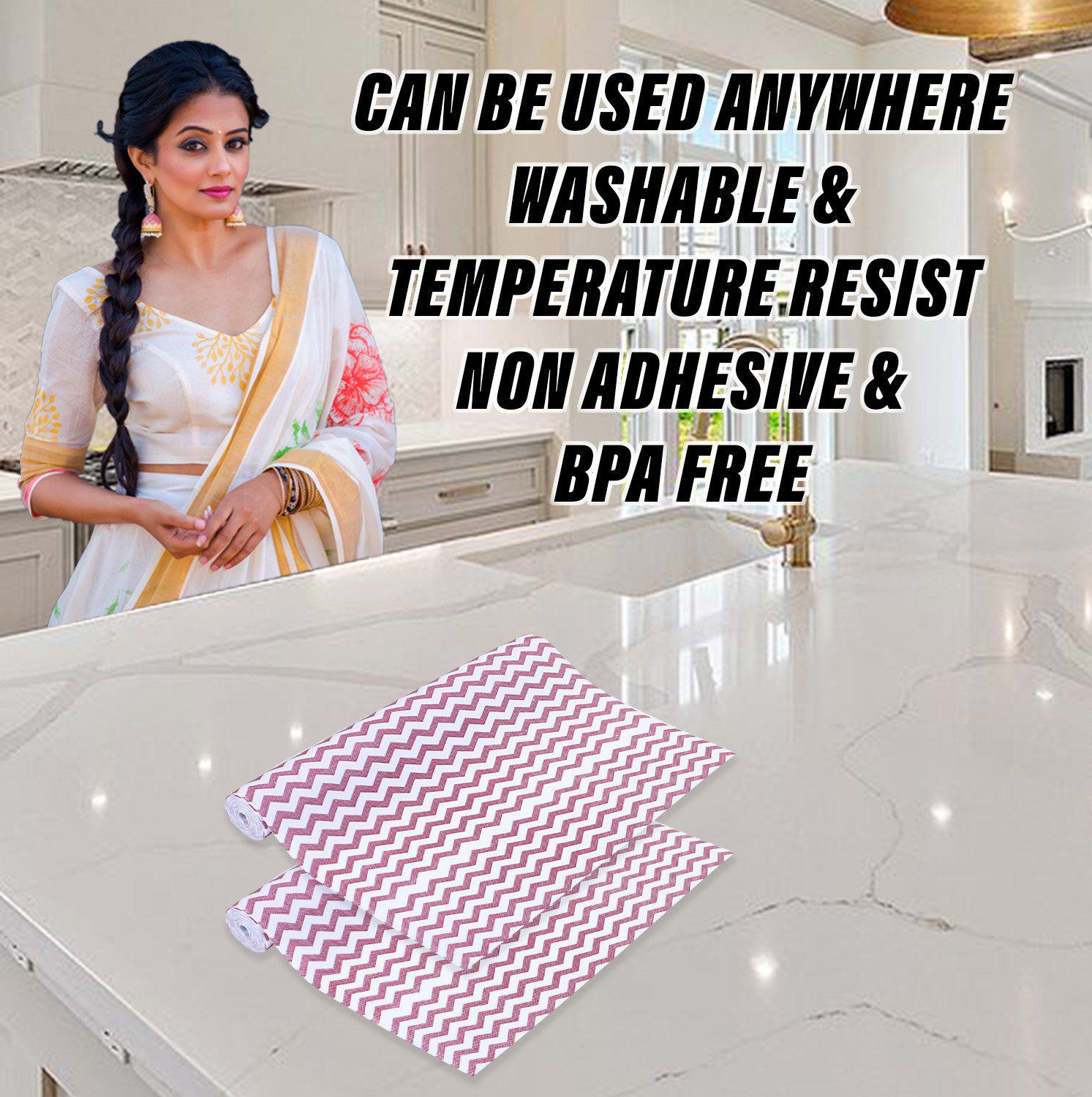 Kuber Industries Shelf Liner  EVA Kitchen Cabinet Shelf Mat  Anti-Slip Bathroom Mat  Fridge Mat  Table Mat  Zig Zag Design Wardrobe Mat  5 Meter  Pink