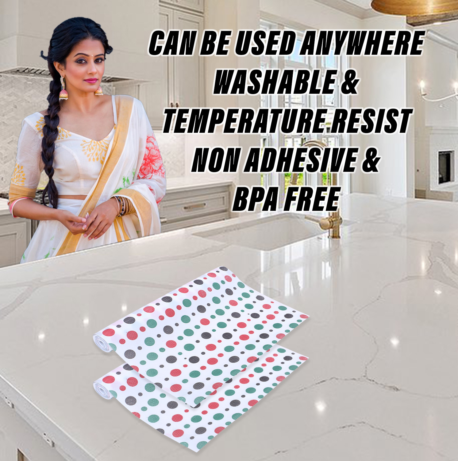 Kuber Industries Shelf Liner  EVA Kitchen Cabinet Shelf Mat  Anti-Slip Bathroom Mat  Fridge Mat  Table Mat  Multi Dot Print Wardrobe Mat  10 Meter  White